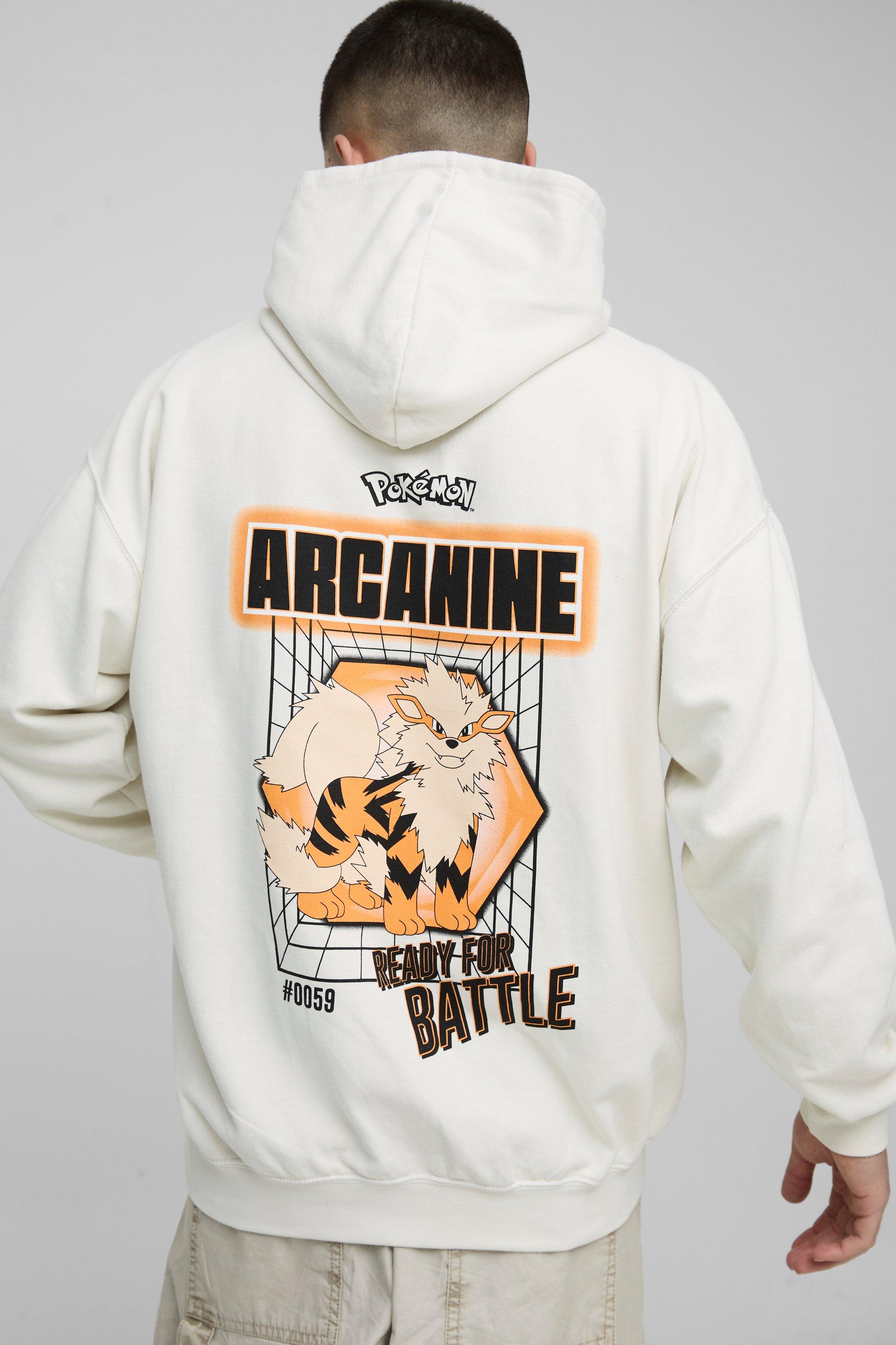 Mens Cream Oversized Pokemon Arcanine License Wash Print Hoodie, Cream