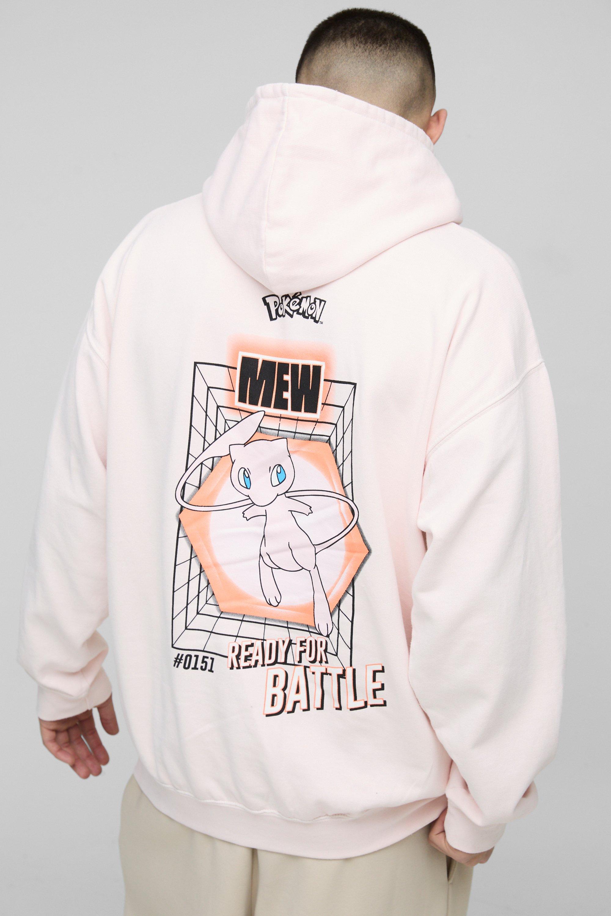 Mens Pink Oversized Pokemon Mew License Wash Print Hoodie, Pink