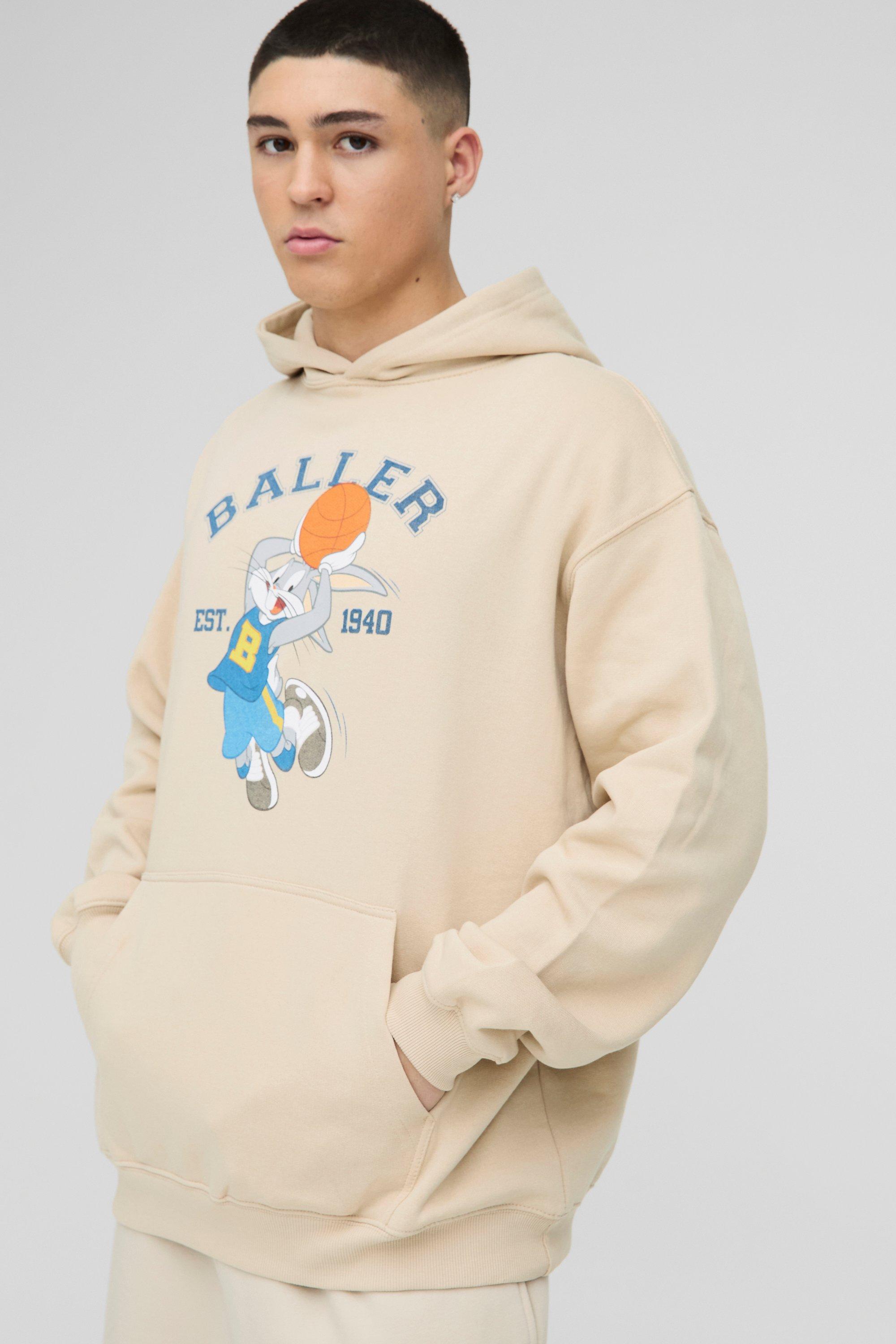 Mens Beige Oversized Bugs Bunny Varsity License Print Hoodie, Beige