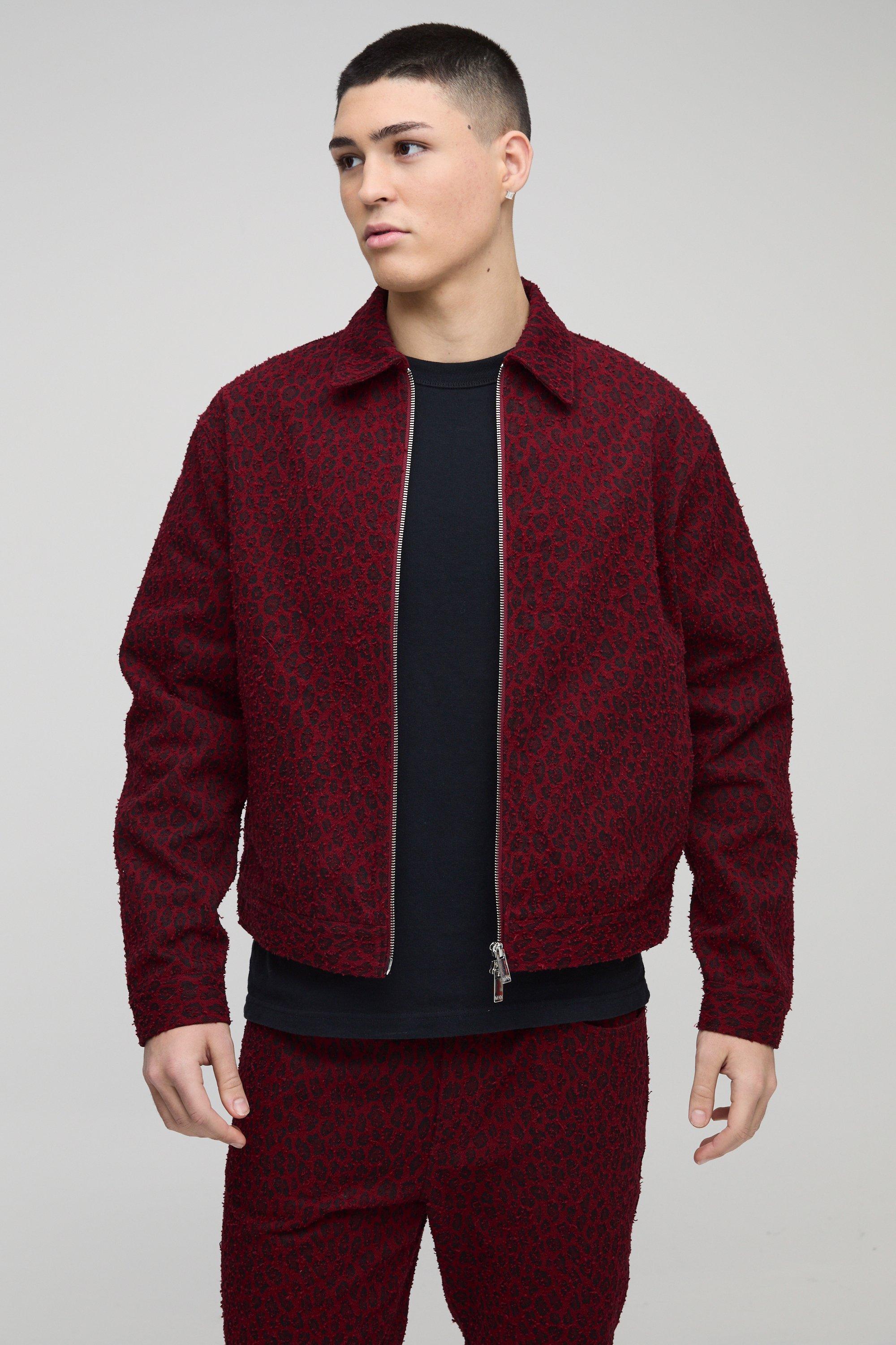 Image of Giacca Harrington Squadrata In Denim Leopardato Effetto Smagliato, Rosso