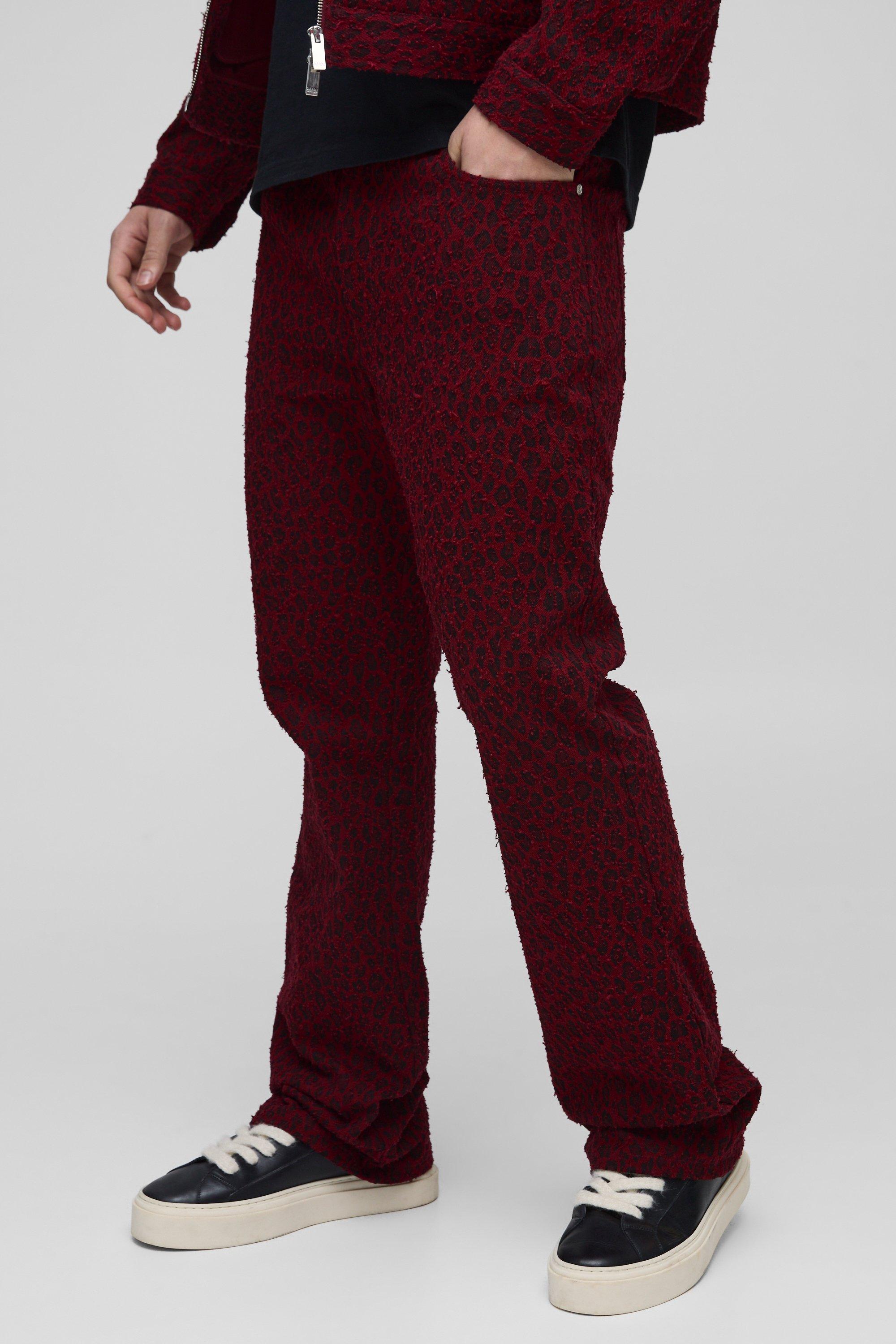 Mens Slim Flared Distressed Leopard Denim Jeans, Red