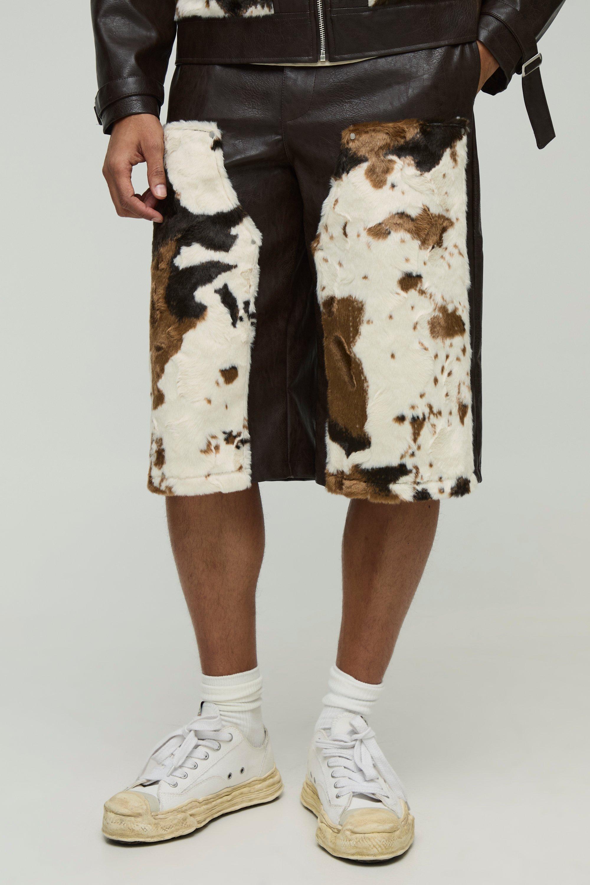 Regular Fit Cow Faux Fur Carpenter PU Jorts