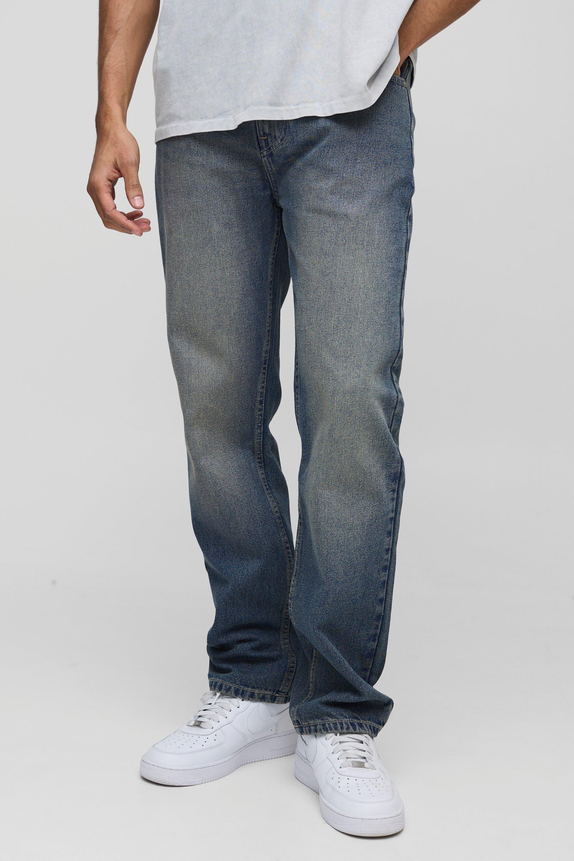 Mens Blue Straight Leg Vintage Washed Jeans, Blue