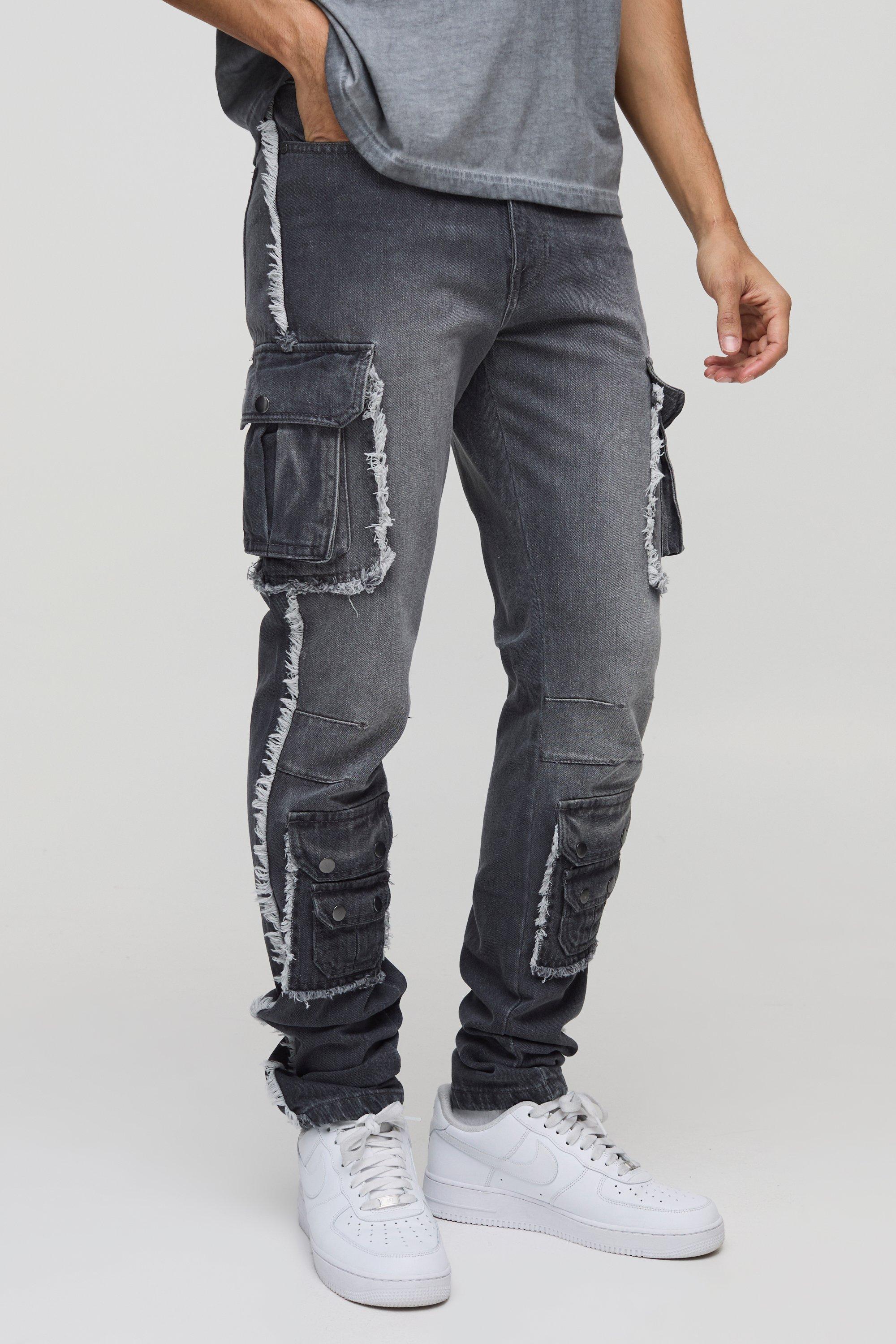 Mens Grey Slim Stacked Washed Cargo Popper Jeans, Grey