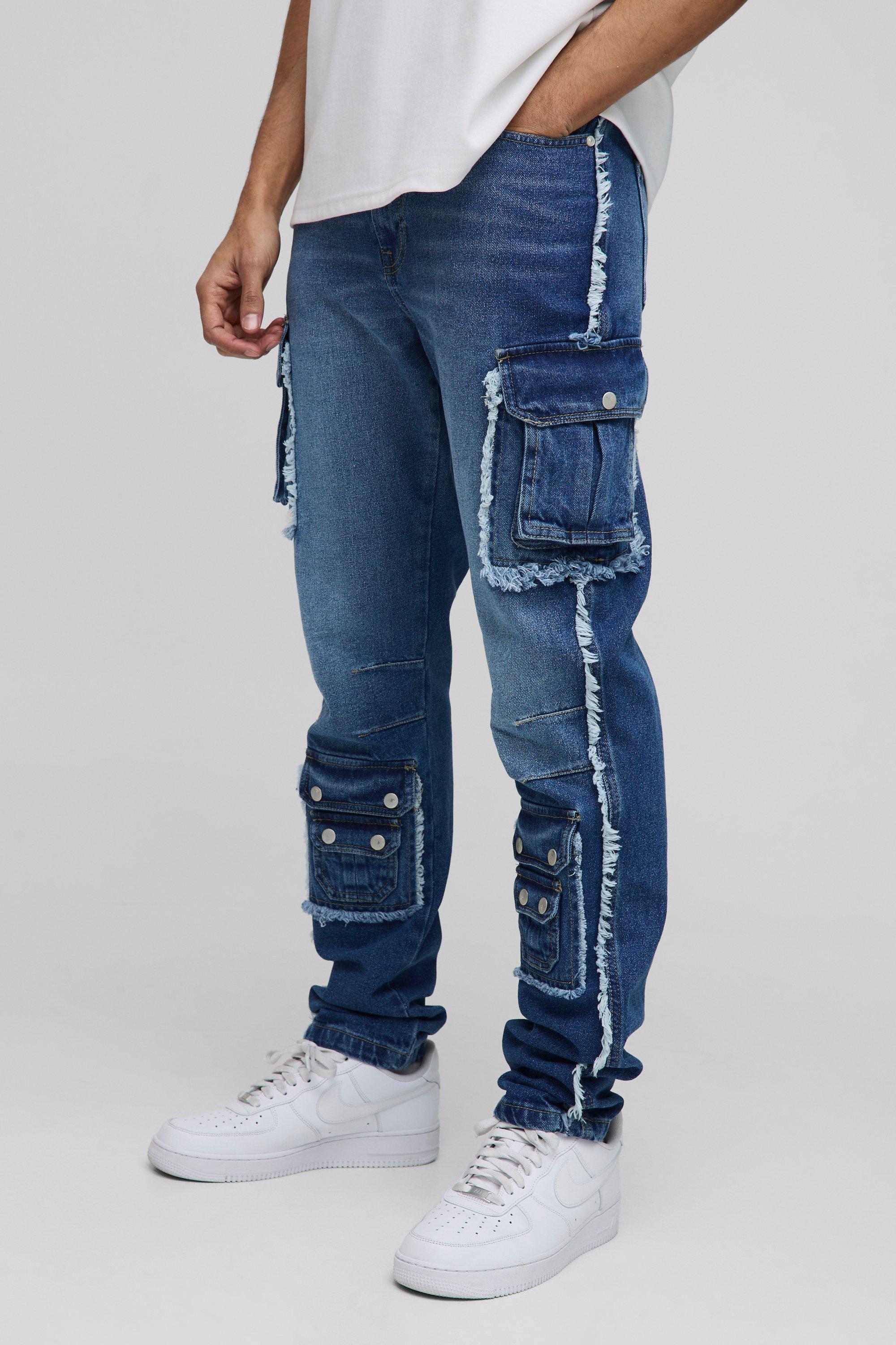 Mens Blue Slim Stacked Washed Cargo Popper Jeans, Blue