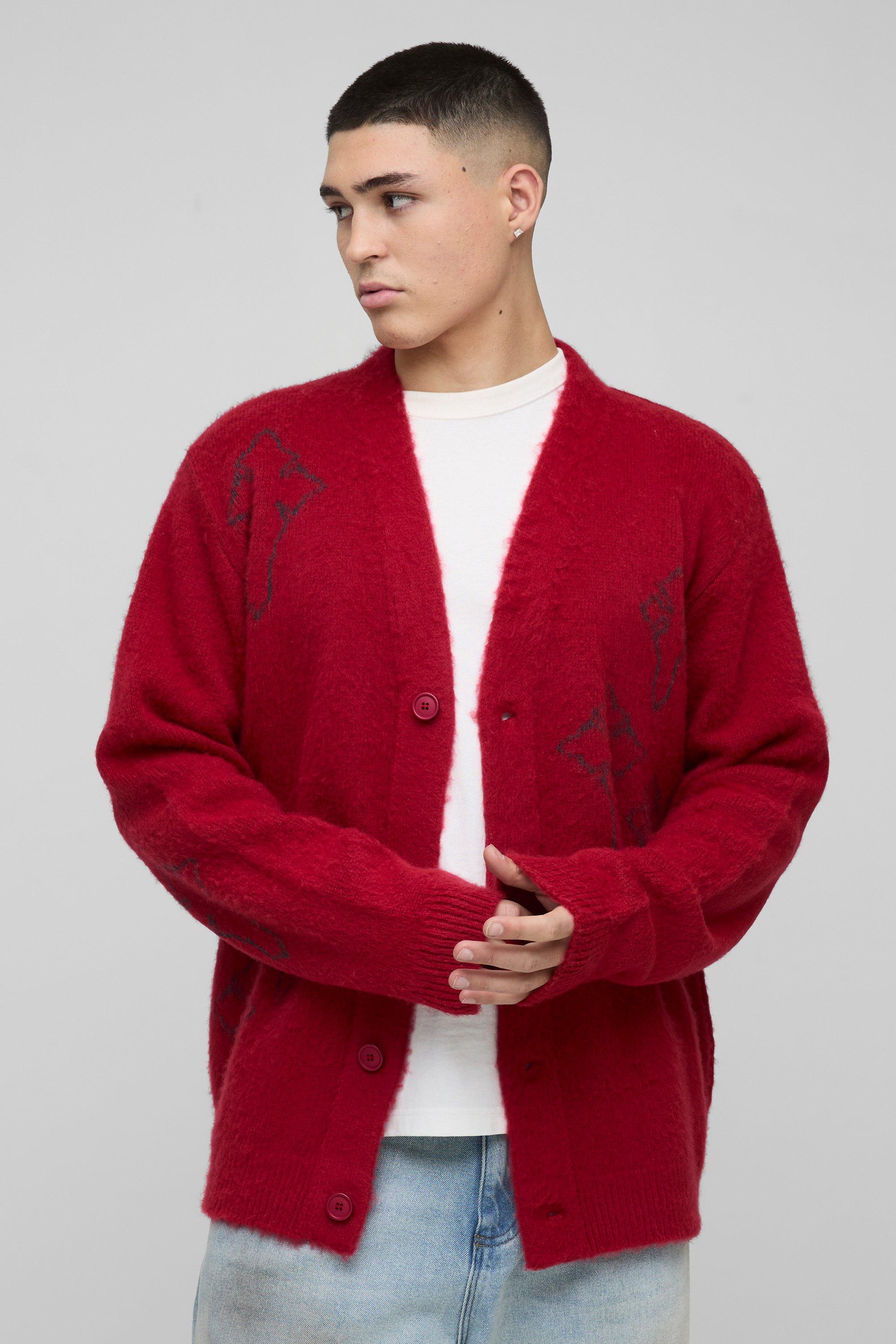 Boohoo Gebreide Pluizige Regular Fit Cardigan, Red