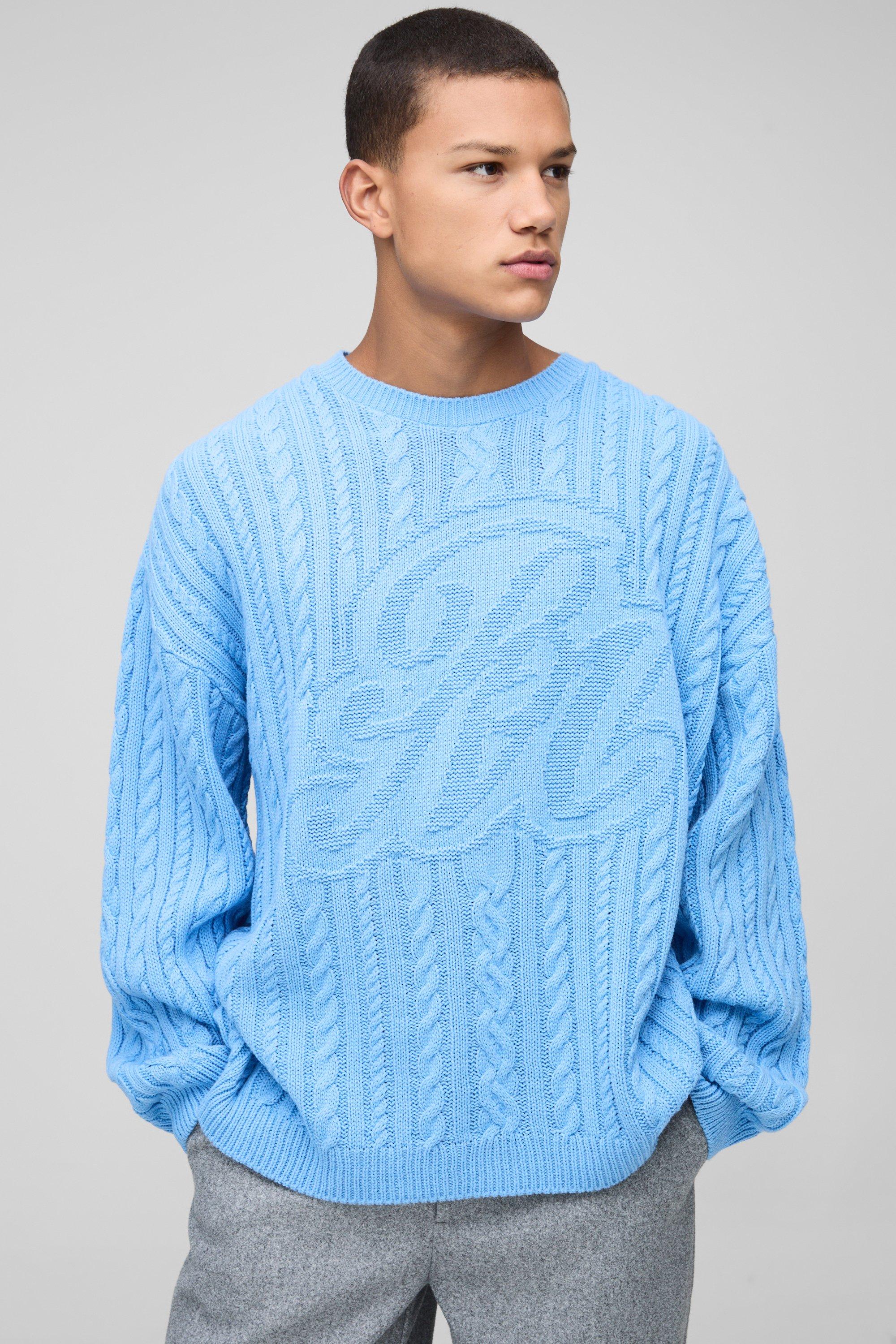 Maglione a girocollo oversize in maglia intrecciata BM, Azzurro