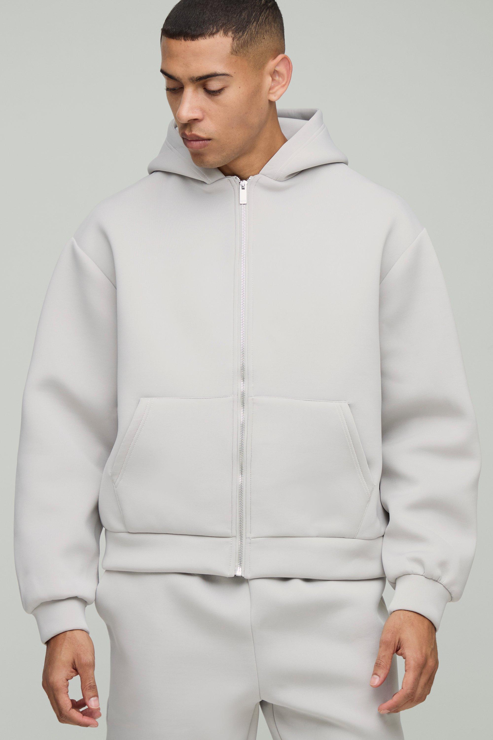 Mens Beige Oversized Boxy Zip Through Bonded Scuba Hoodie, Beige