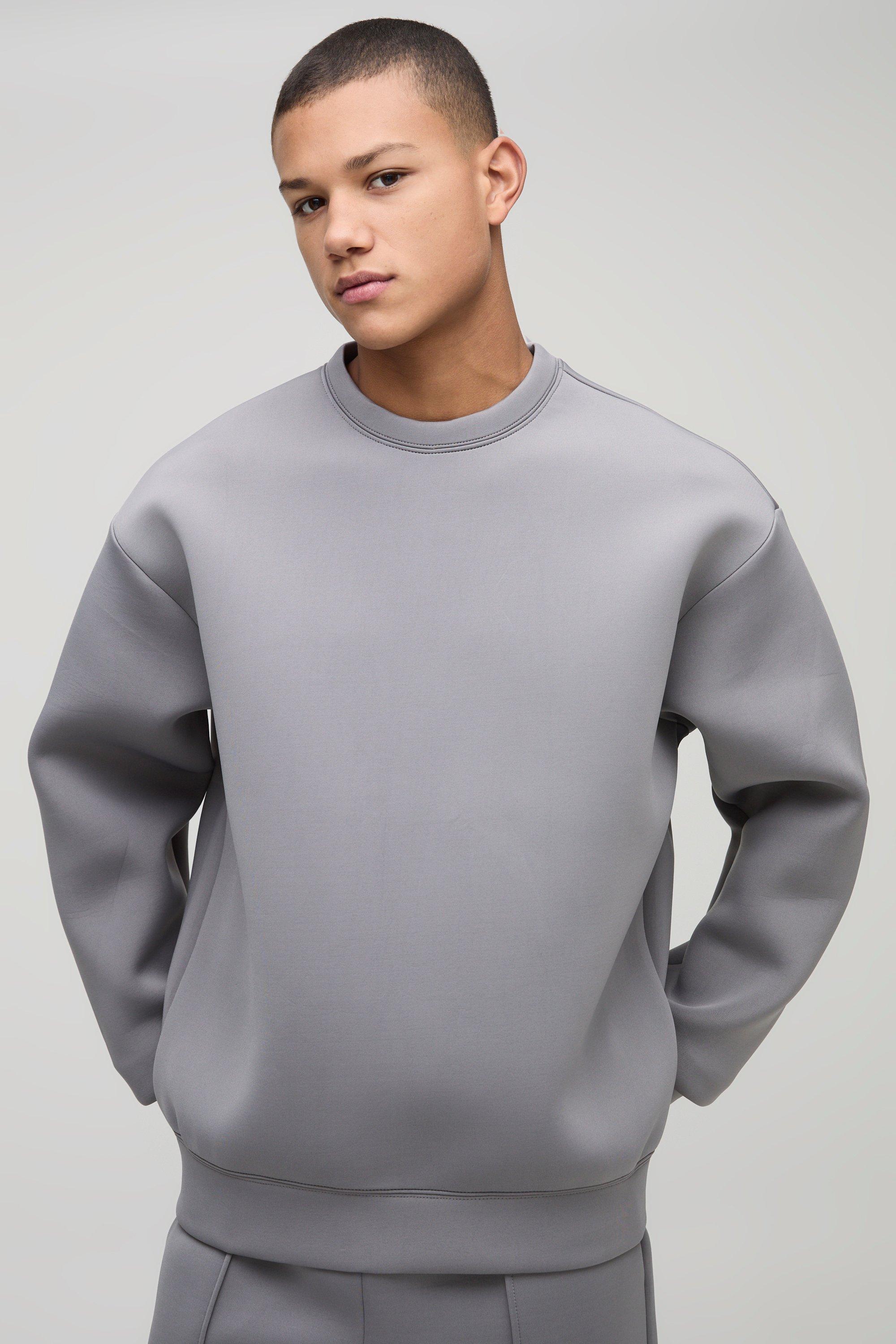 Mens Grey Oversized Bonded Scuba Sweatshirt, Grey