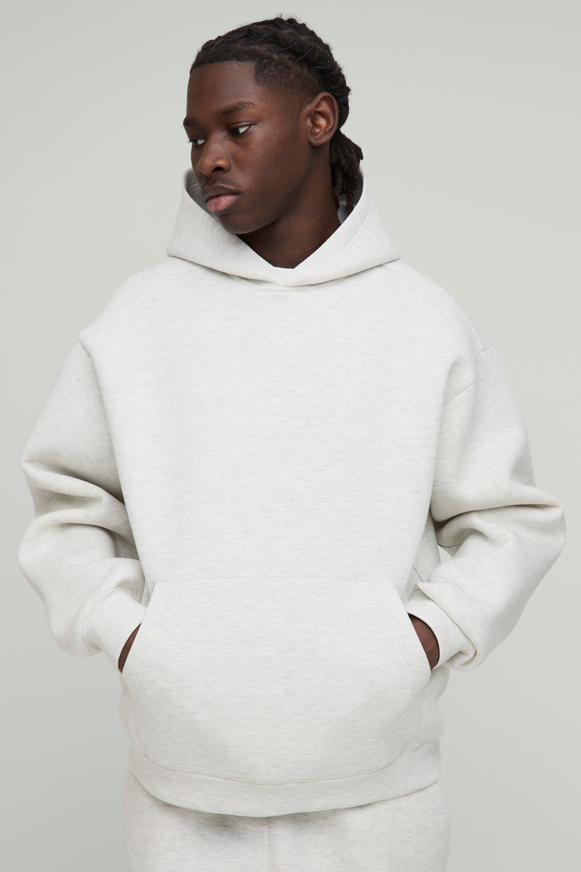 Mens Grey Oversized Boxy Bonded Scuba Hoodie, Grey