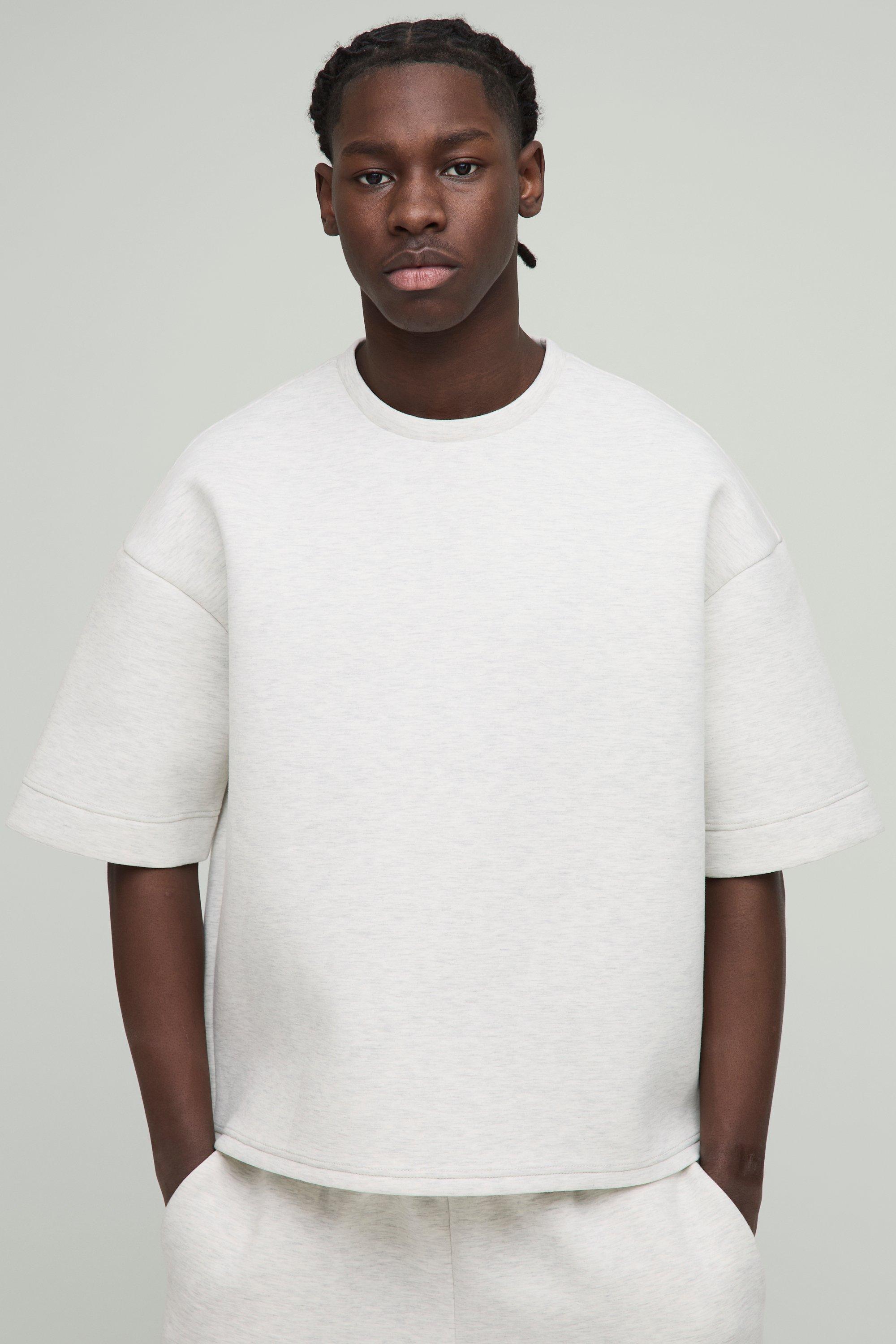 Mens Grey Oversized Boxy Half Sleeve Bonded Scuba T-shirt, Grey
