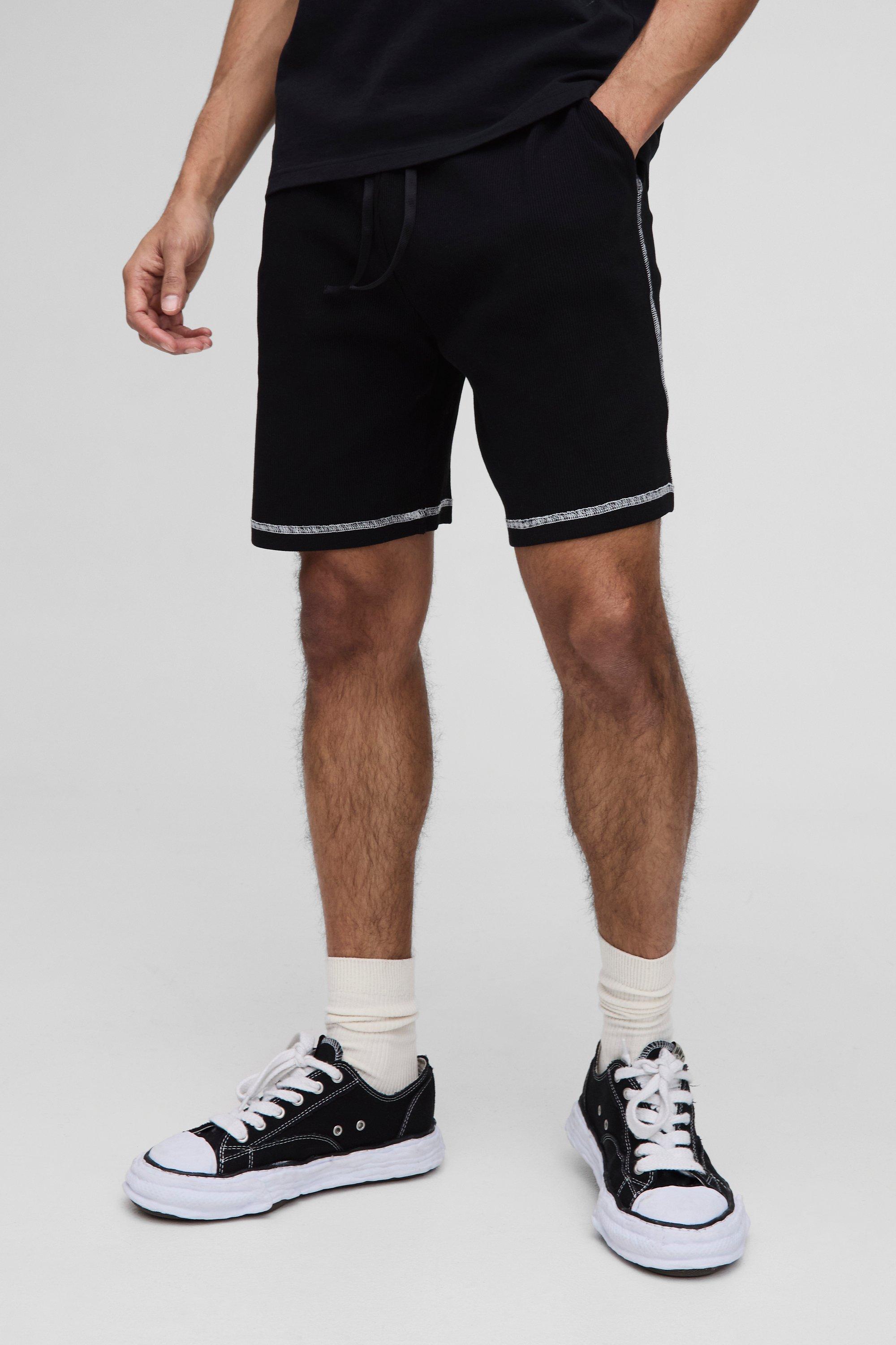 Mens Black Relaxed Rib Contrast Stitch Mid Length Short, Black