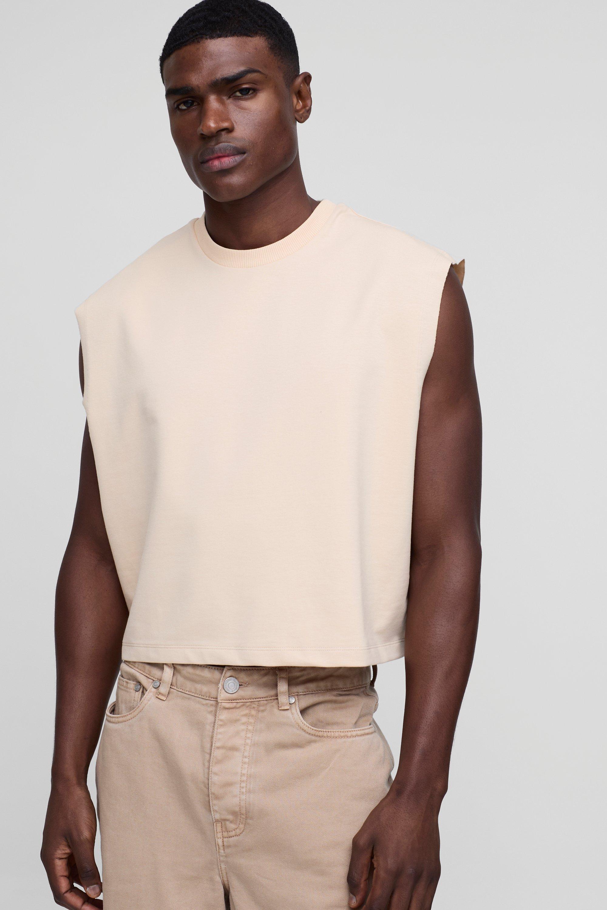 Mens Beige Oversized Loopback Shrunken Boxy Vest, Beige