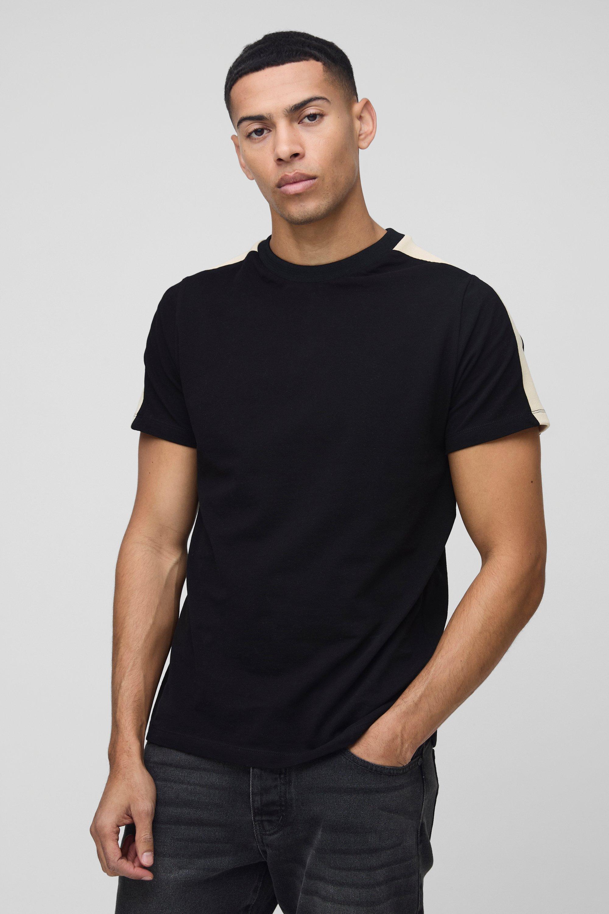 T-shirt Slim Fit in piqué a blocchi di colore con logo, Nero