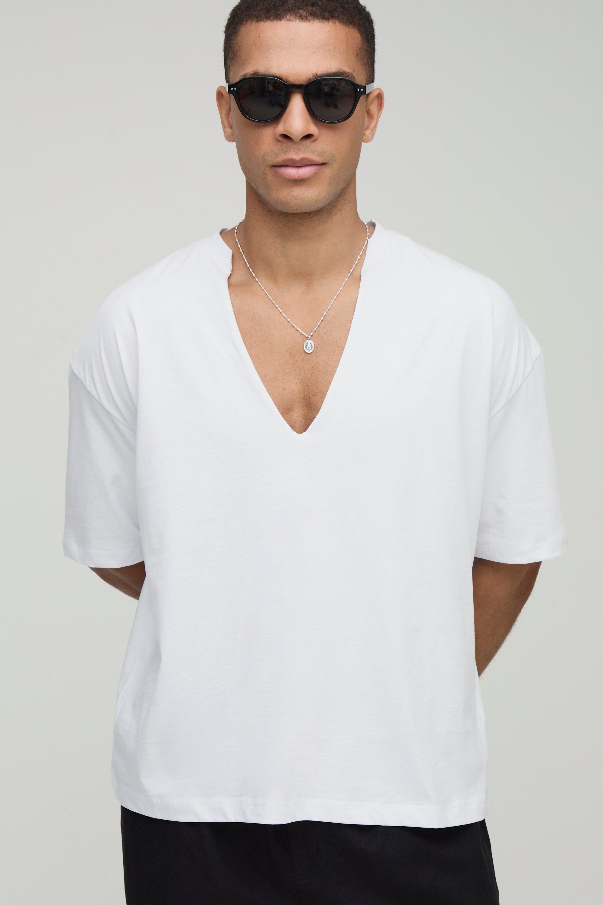 T-shirt squadrata oversize con scollo profondo a V, Bianco