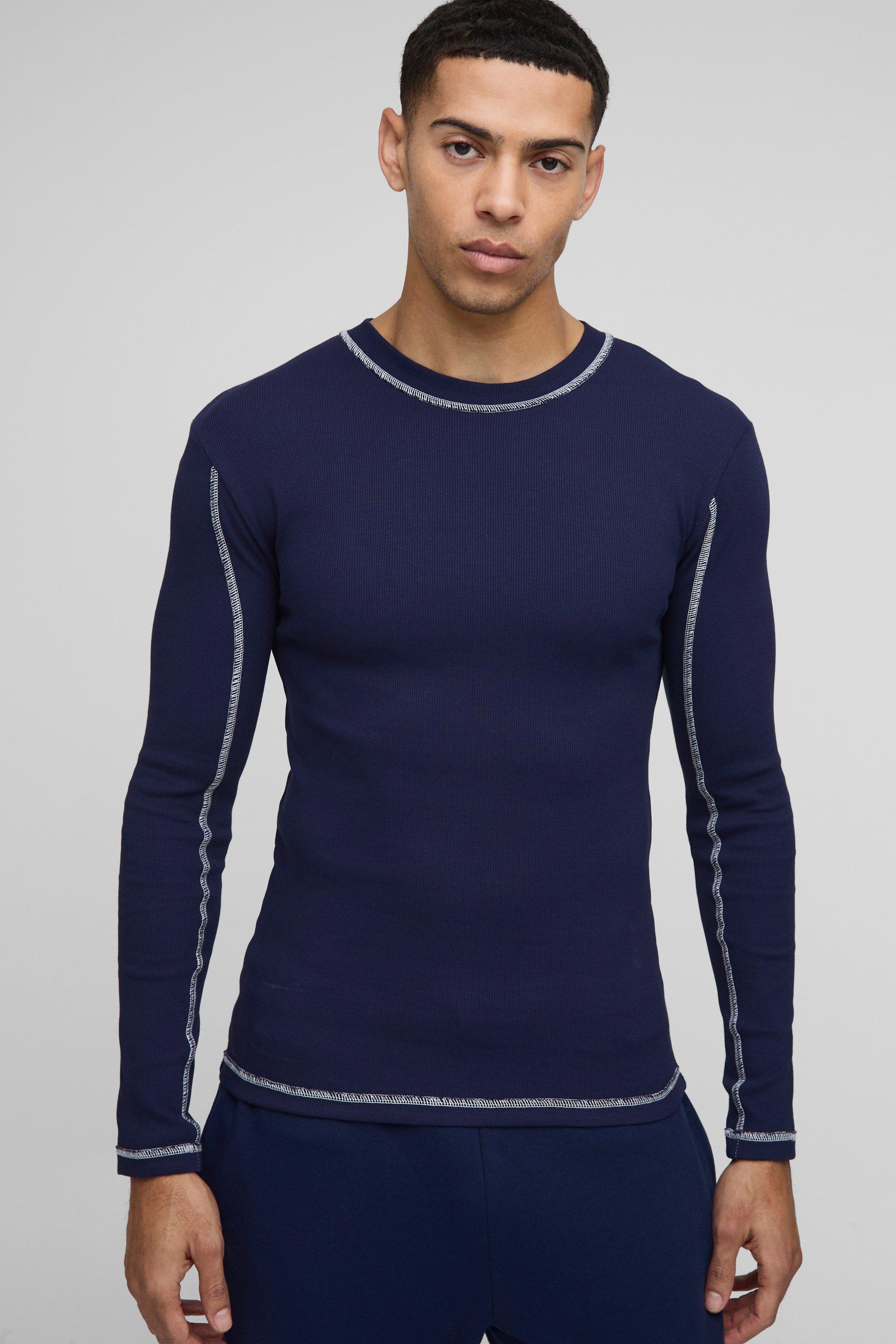 T-Shirt Attillata A Maniche Lunghe A Coste Con Cuciture A Contrasto, Navy