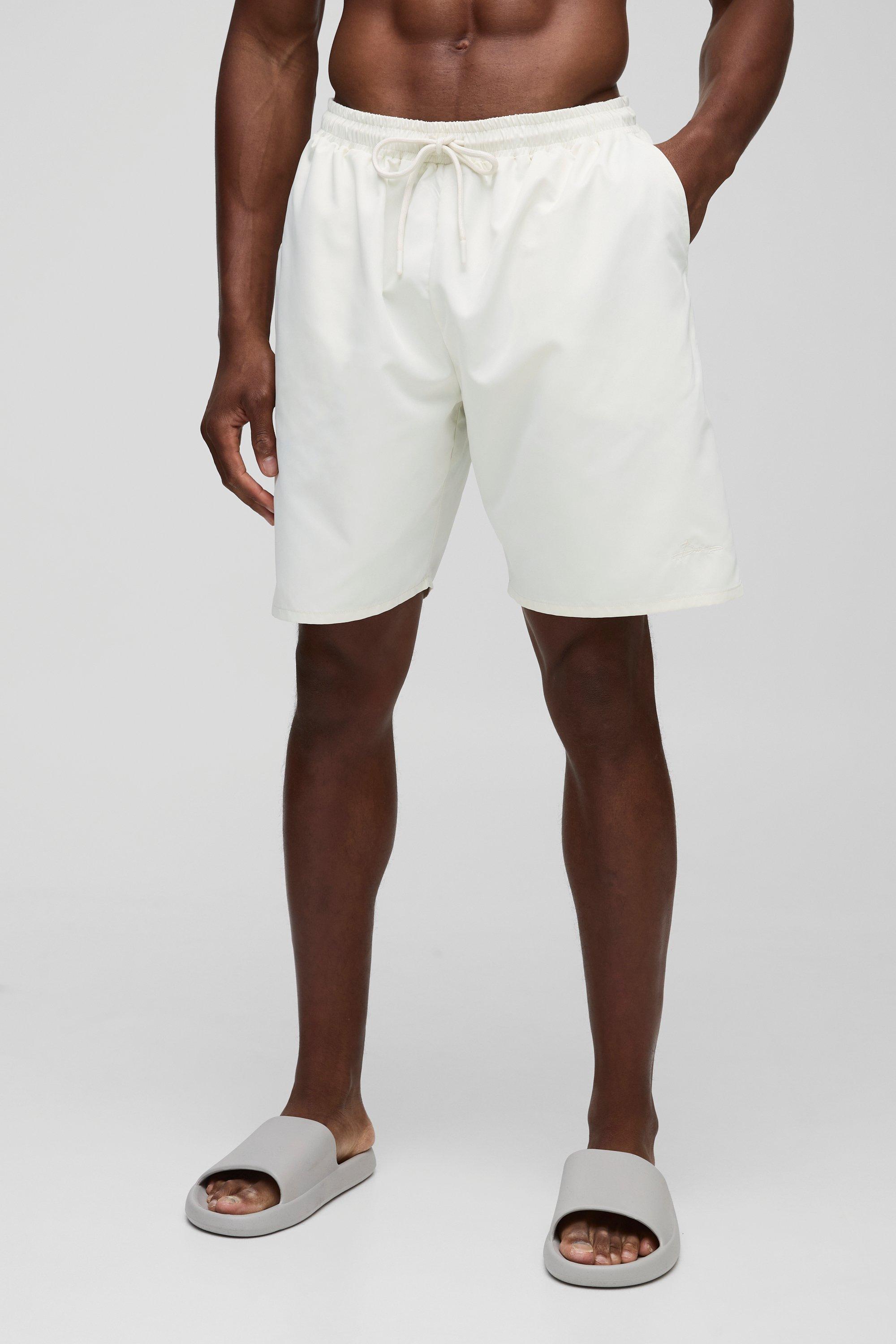 Mens Cream Branded Long Length Swim Short in Ecru, Cream