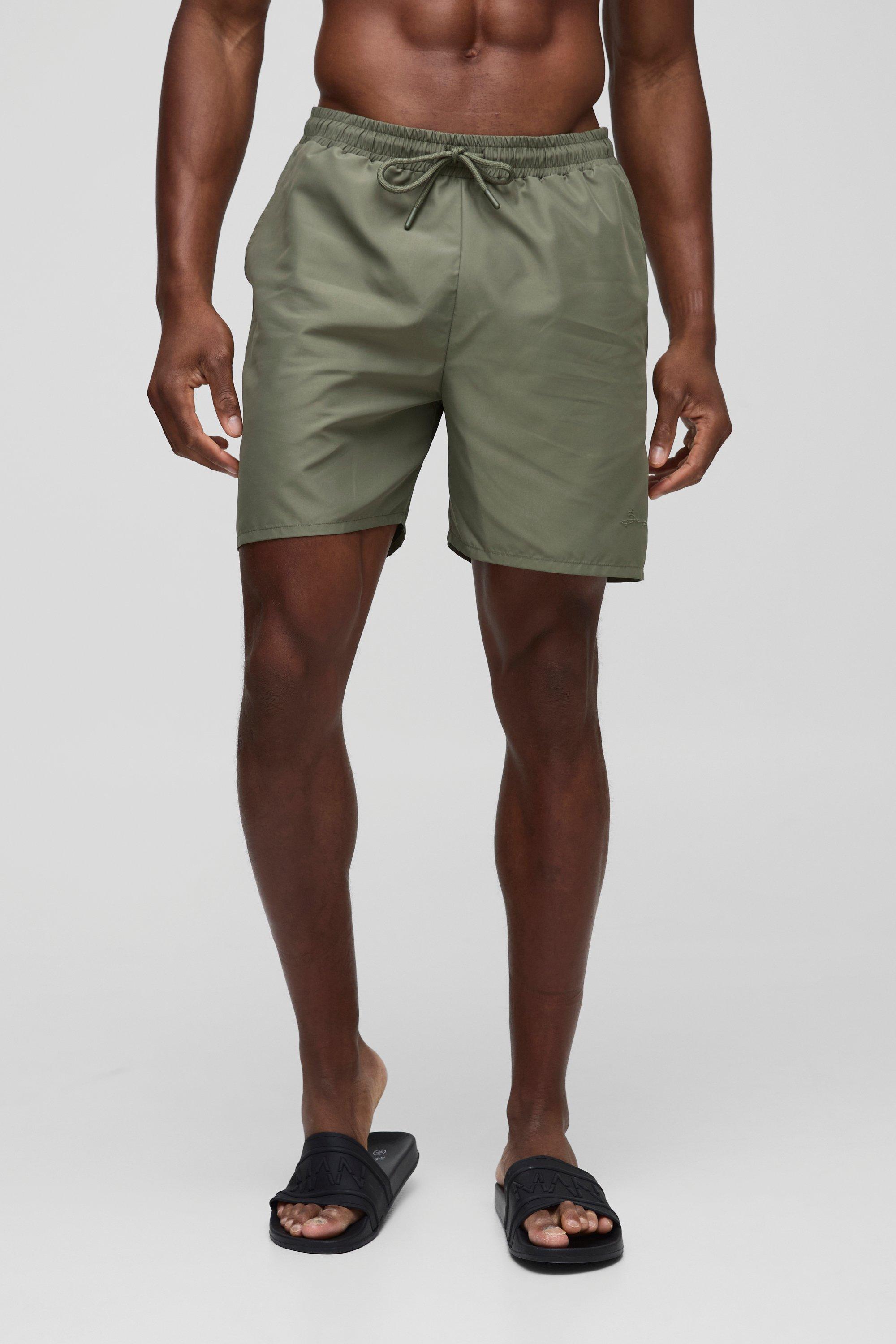 Mens Green Branded Mid Length Swim Short in Khaki, Green