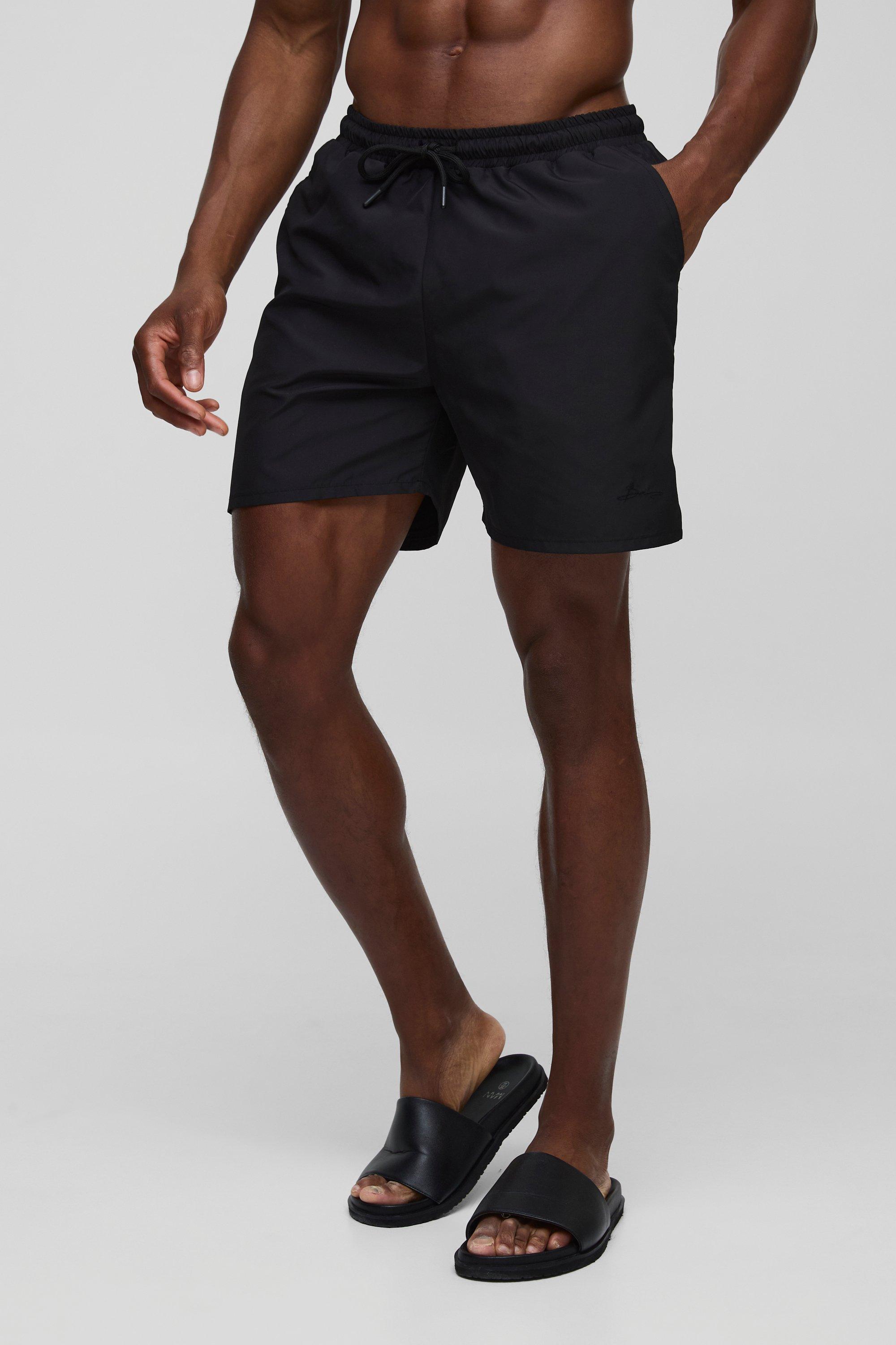 Mens Branded Mid Length Swim Short in Black, Black