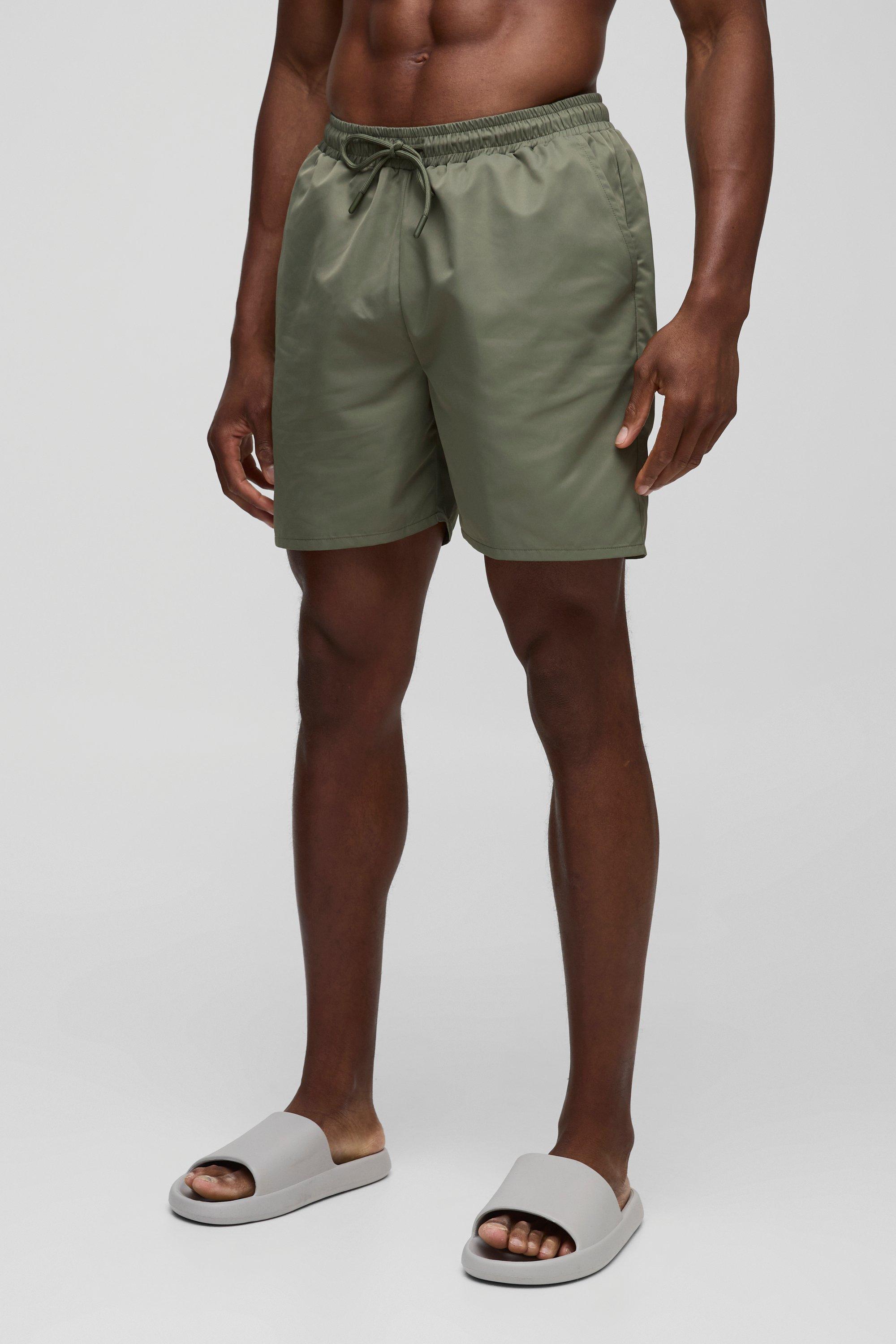 Mens Green Mid Length Swim Short in Khaki, Green