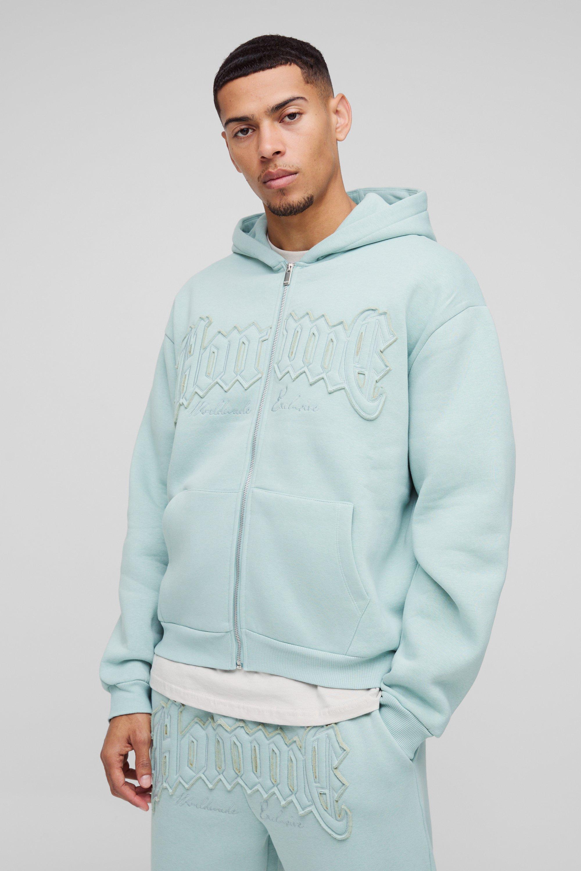 Felpa oversize Homme con applique, zip e cappuccio, Azzurro