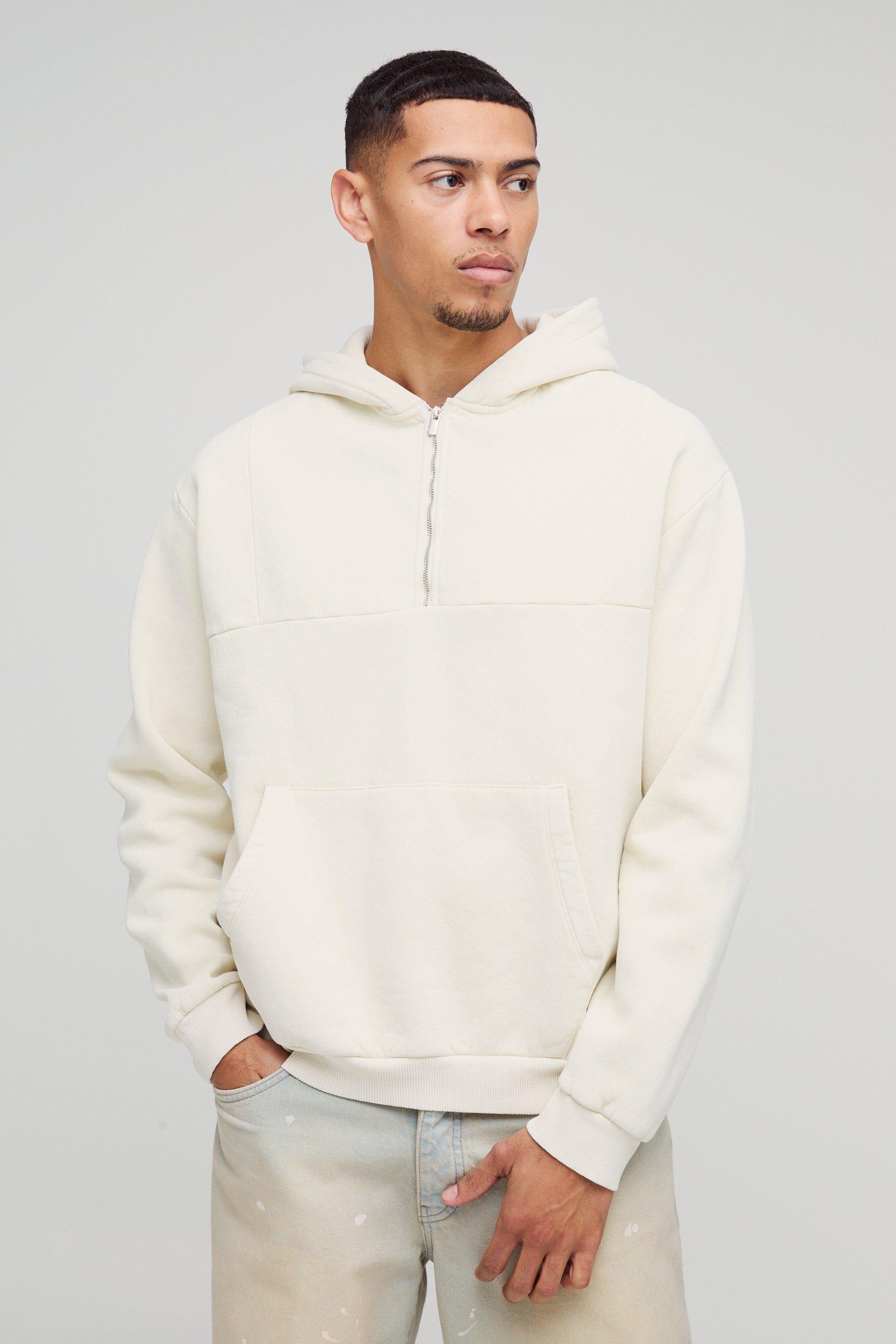 Felpa squadrata oversize slavata con zip corta e cappuccio, Beige