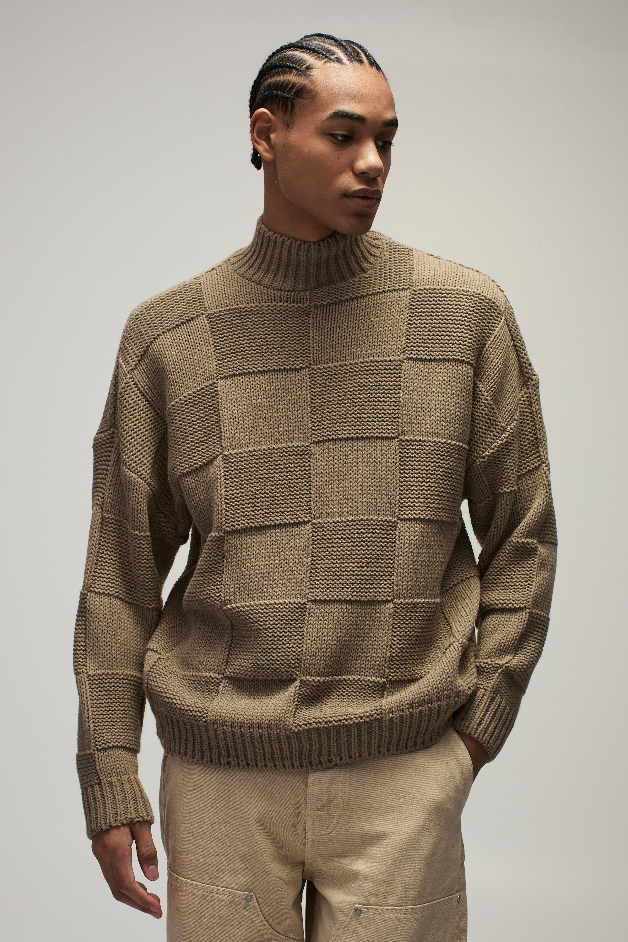 Mens Beige Oversized Check Funnel Neck Knitted Jumper, Beige