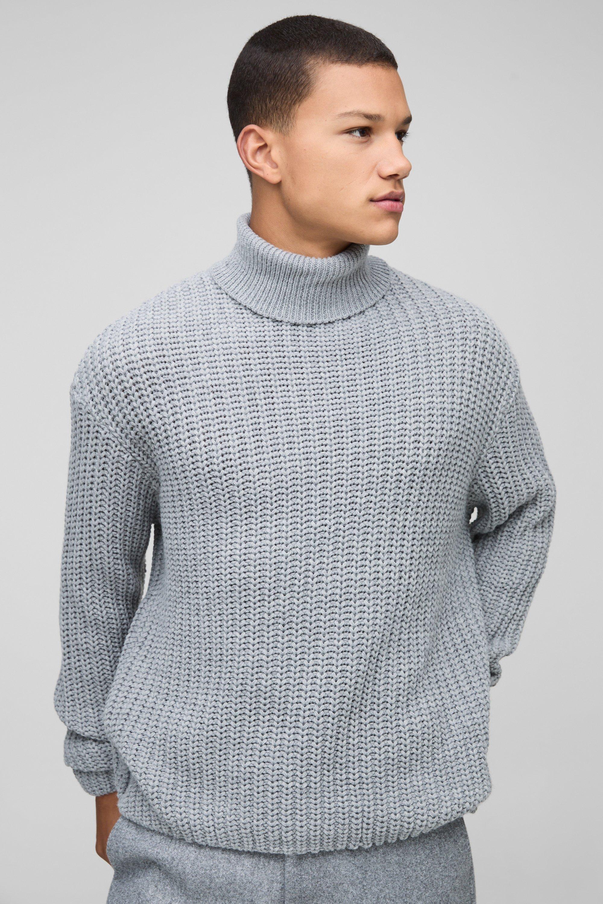 Mens Grey Oversized Boxy Fishman Ribbed Roll Neck Knitted Jumper, Grey