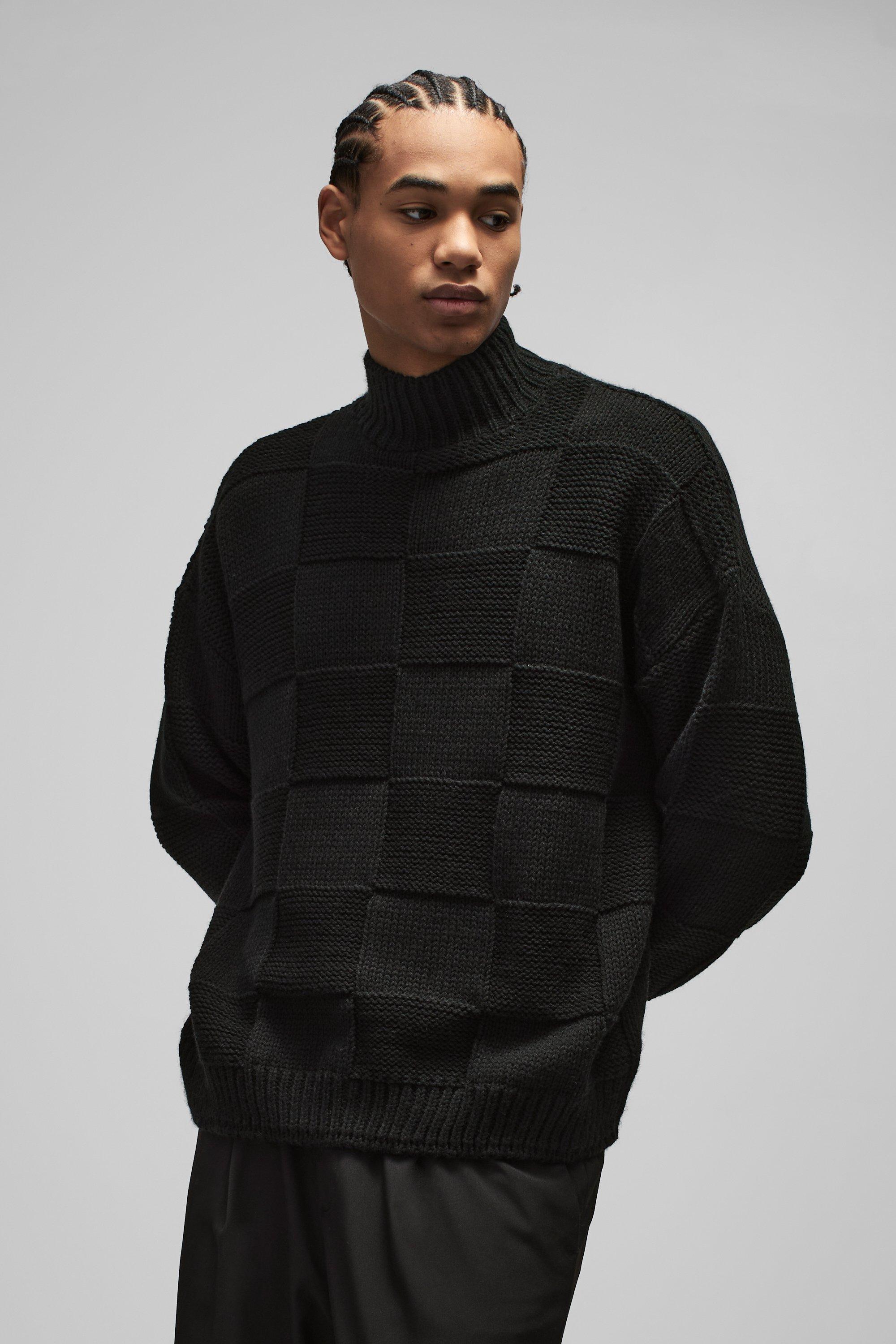 Mens Black Oversized Check Funnel Neck Knitted Jumper, Black