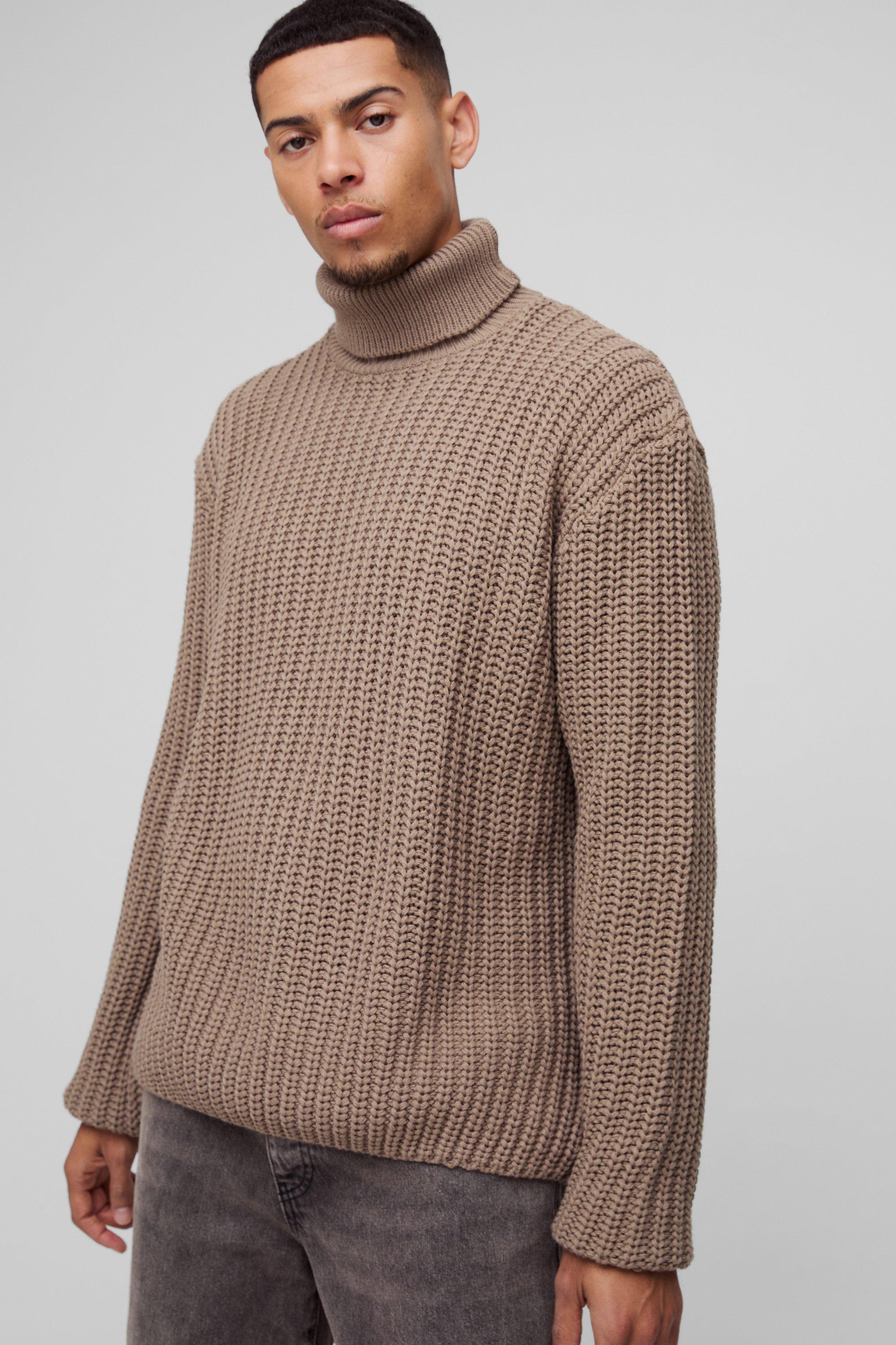 Maglione squadrato oversize in maglia a coste con collo alto e collo alto, Beige