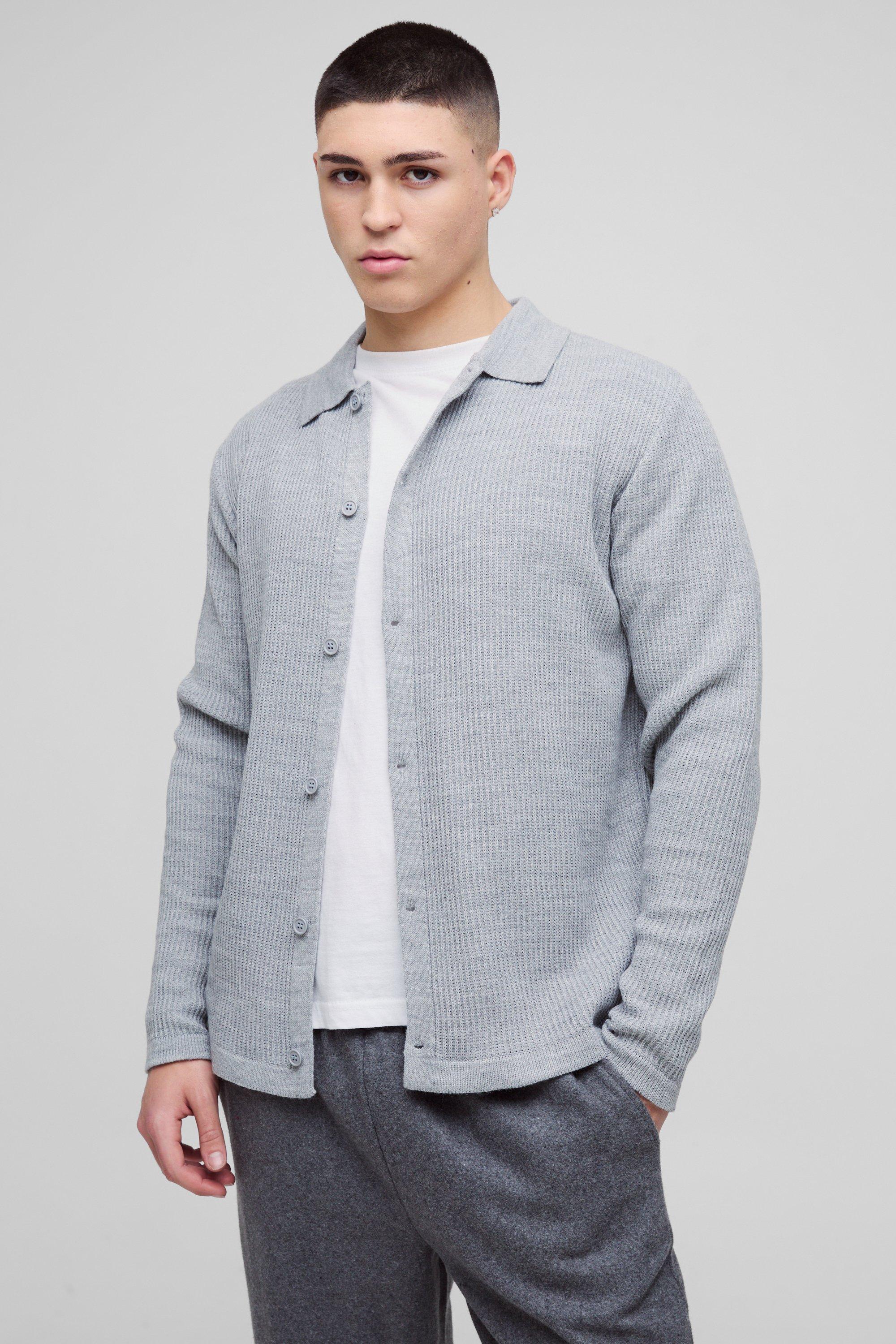 Mens Grey Regular Collared Knitted Cardigan, Grey