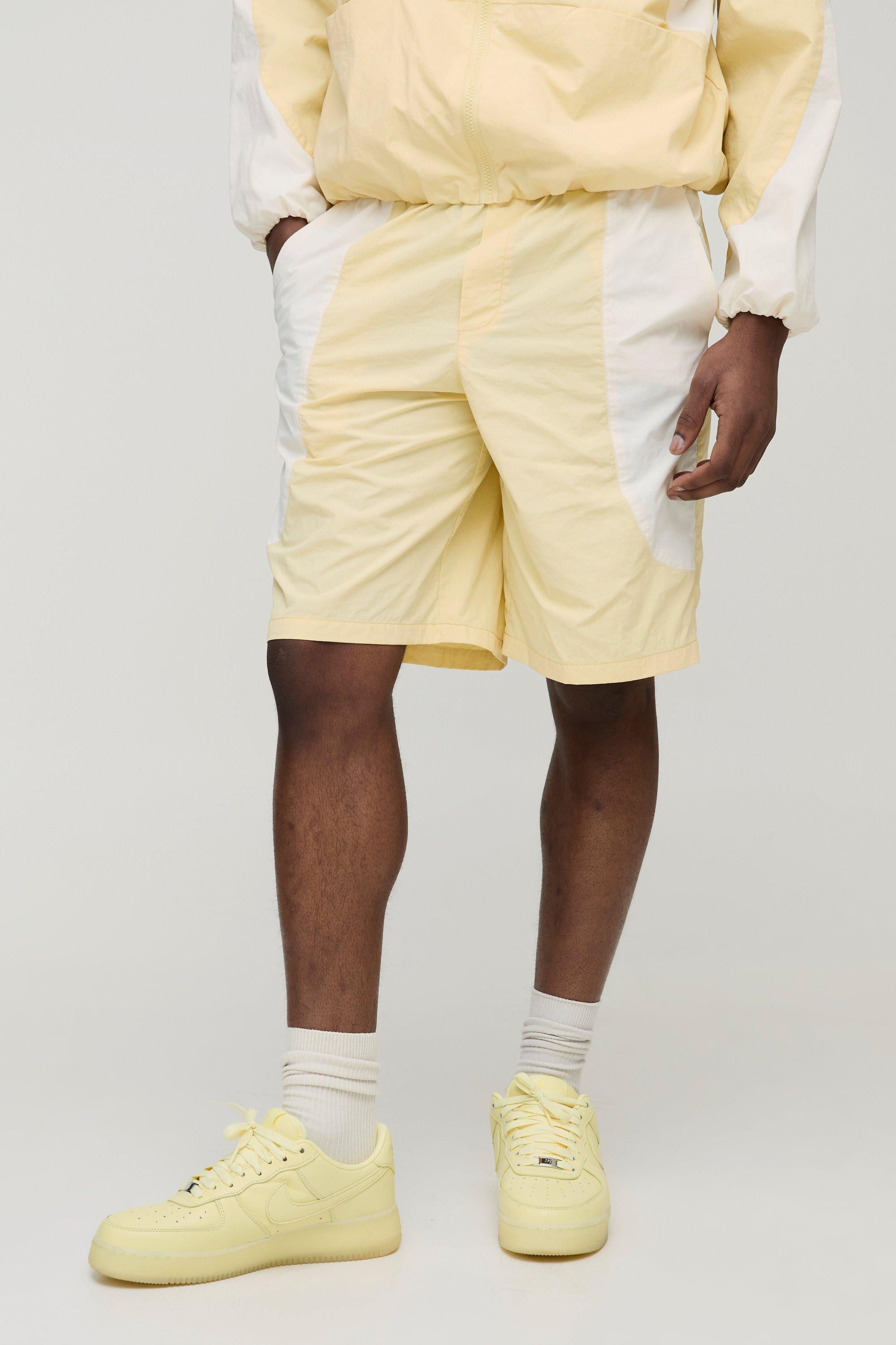 Pantaloncini Rilassati In Nylon A Blocchi Di Colore Con Vita Elasticizzata, Giallo