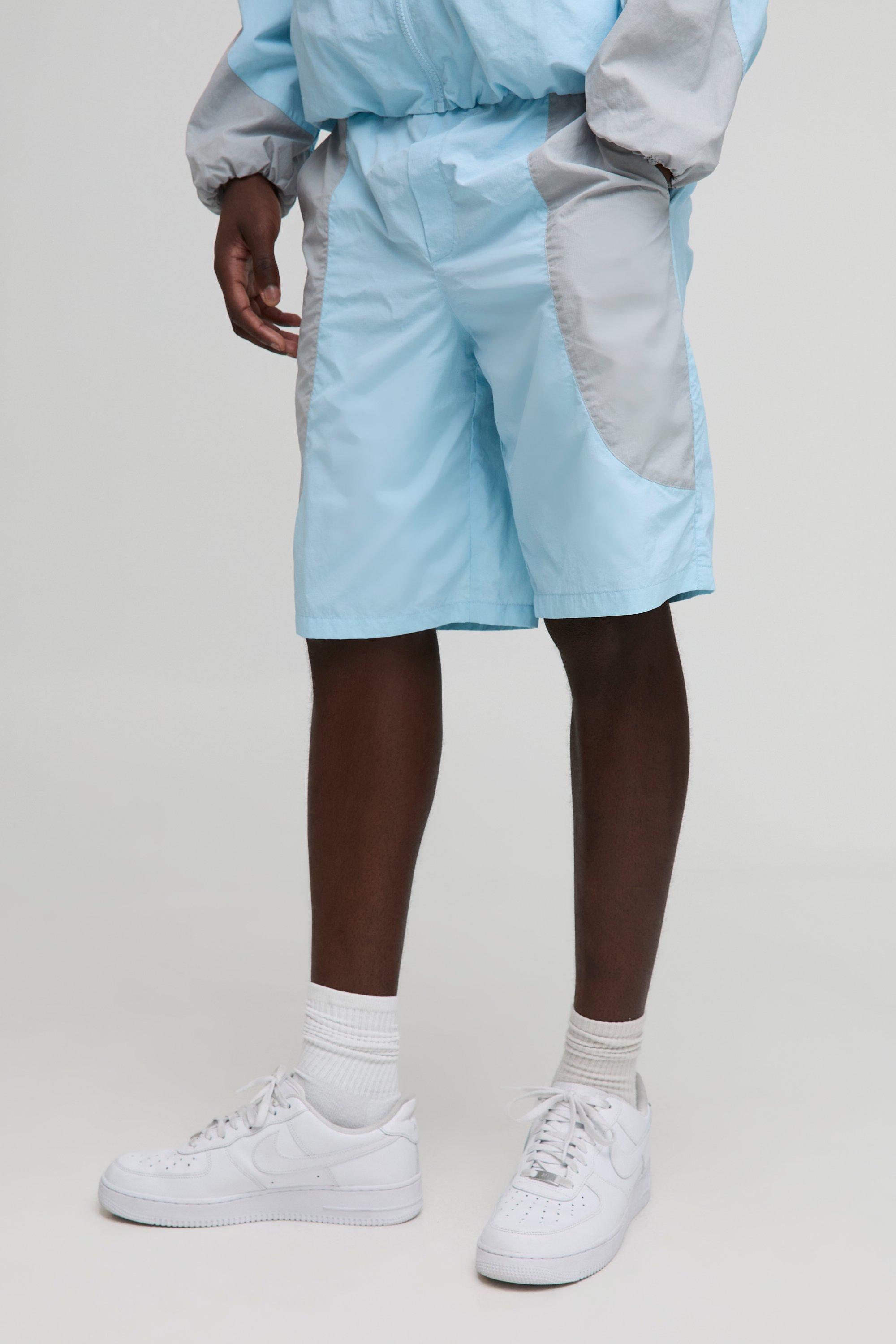 Pantaloncini Rilassati In Nylon A Blocchi Di Colore Con Vita Elasticizzata, Azzurro