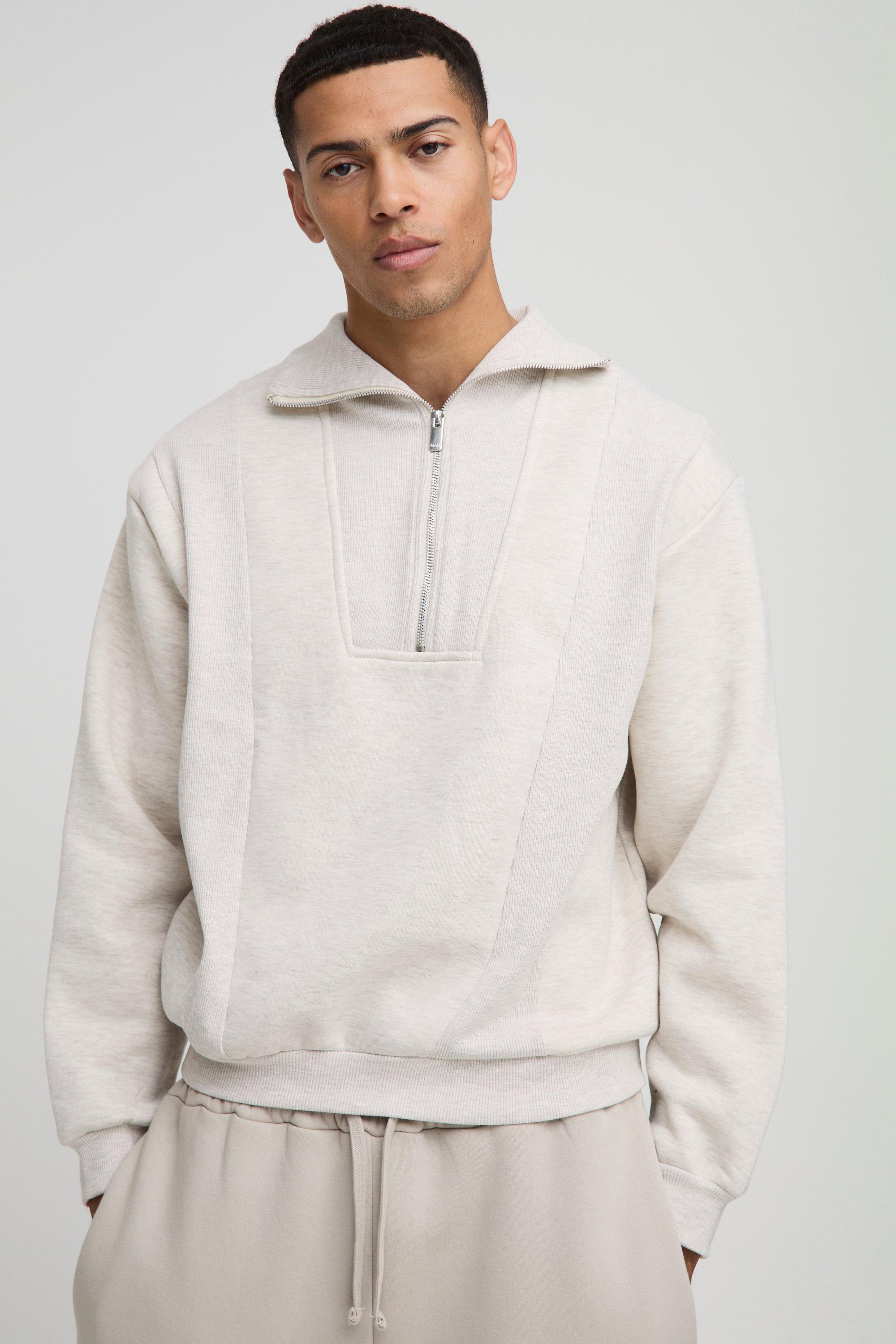 Mens Cream Oversized Rib Detail Funnel Neck Sweatshirt, Cream