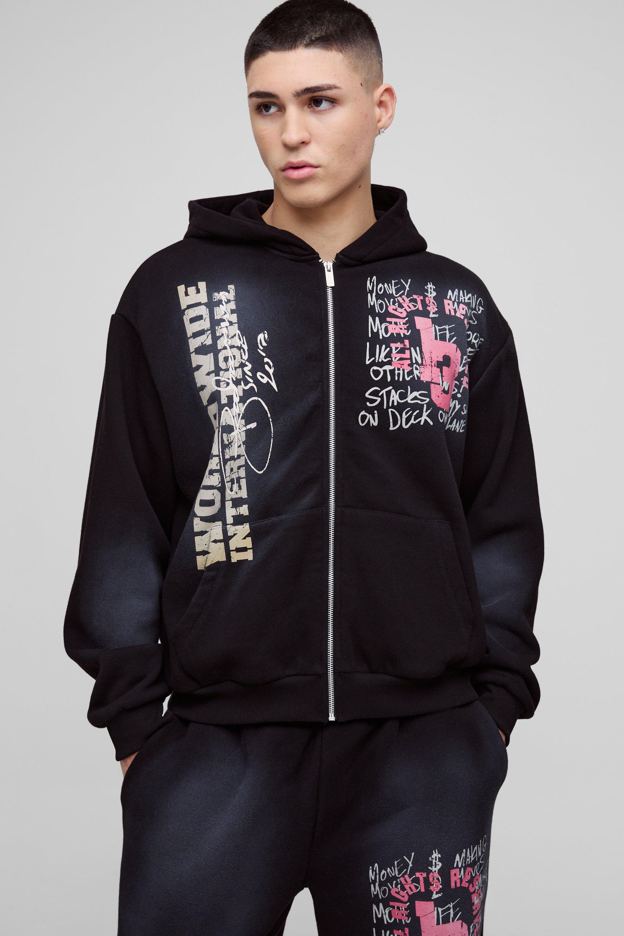 Felpa squadrata oversize Worldwide in lavaggio spray con zip e cappuccio, Nero