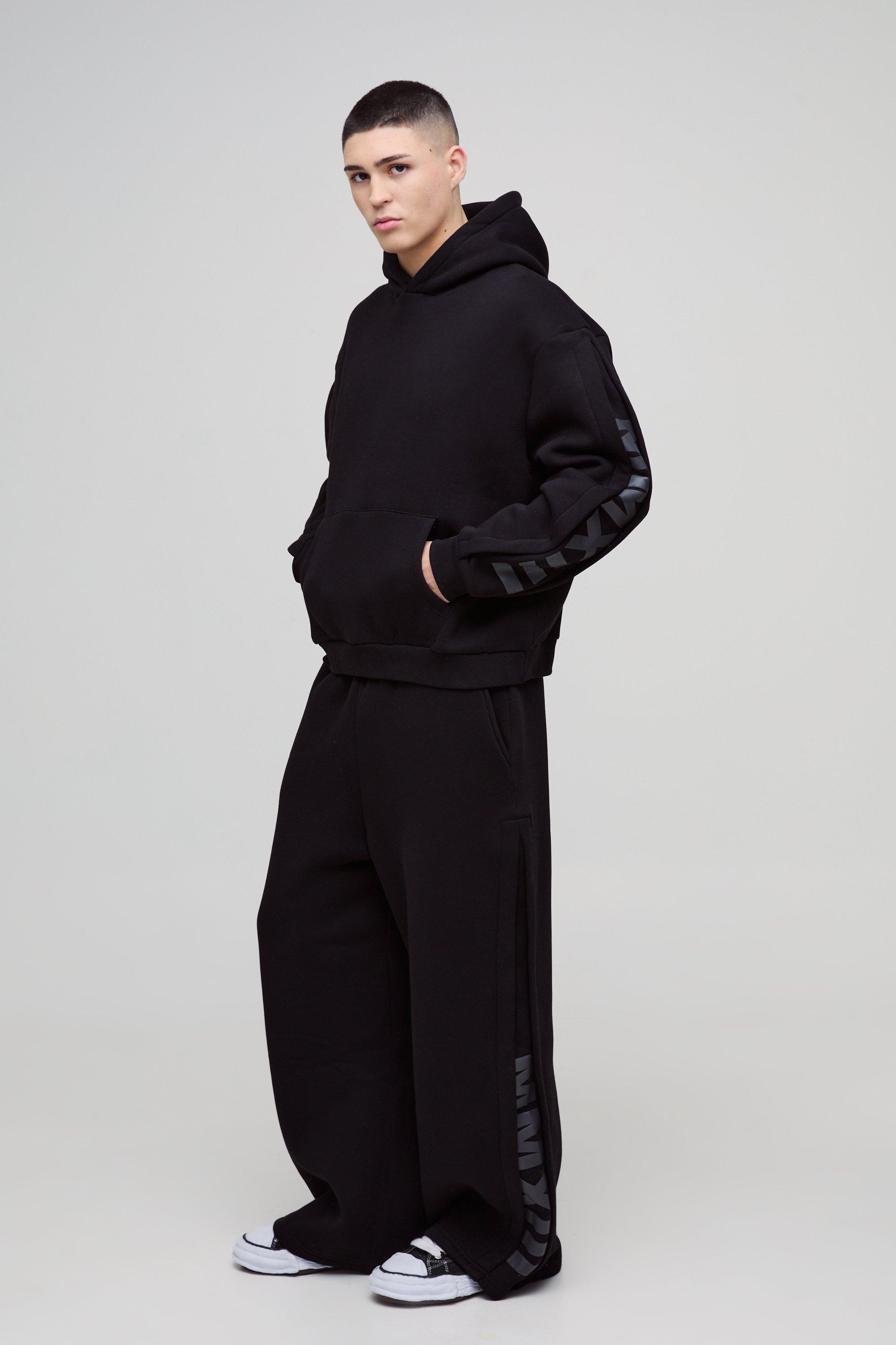 Mens Black Oversized Boxy Hooded Wide Pleat Gusset Tracksuit, Black