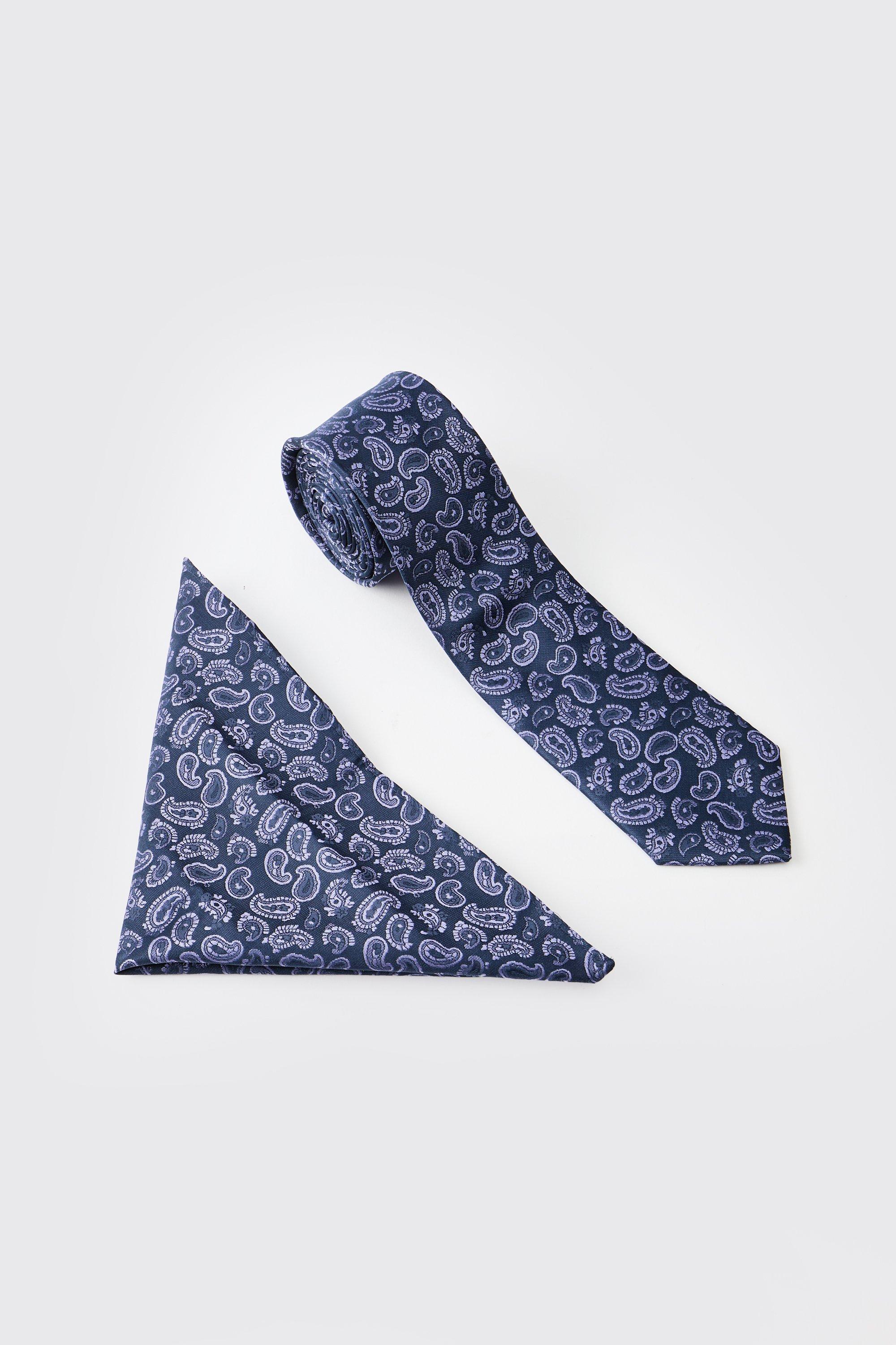 Mens Blue Paisley Satin Tie & Pocket Square, Blue