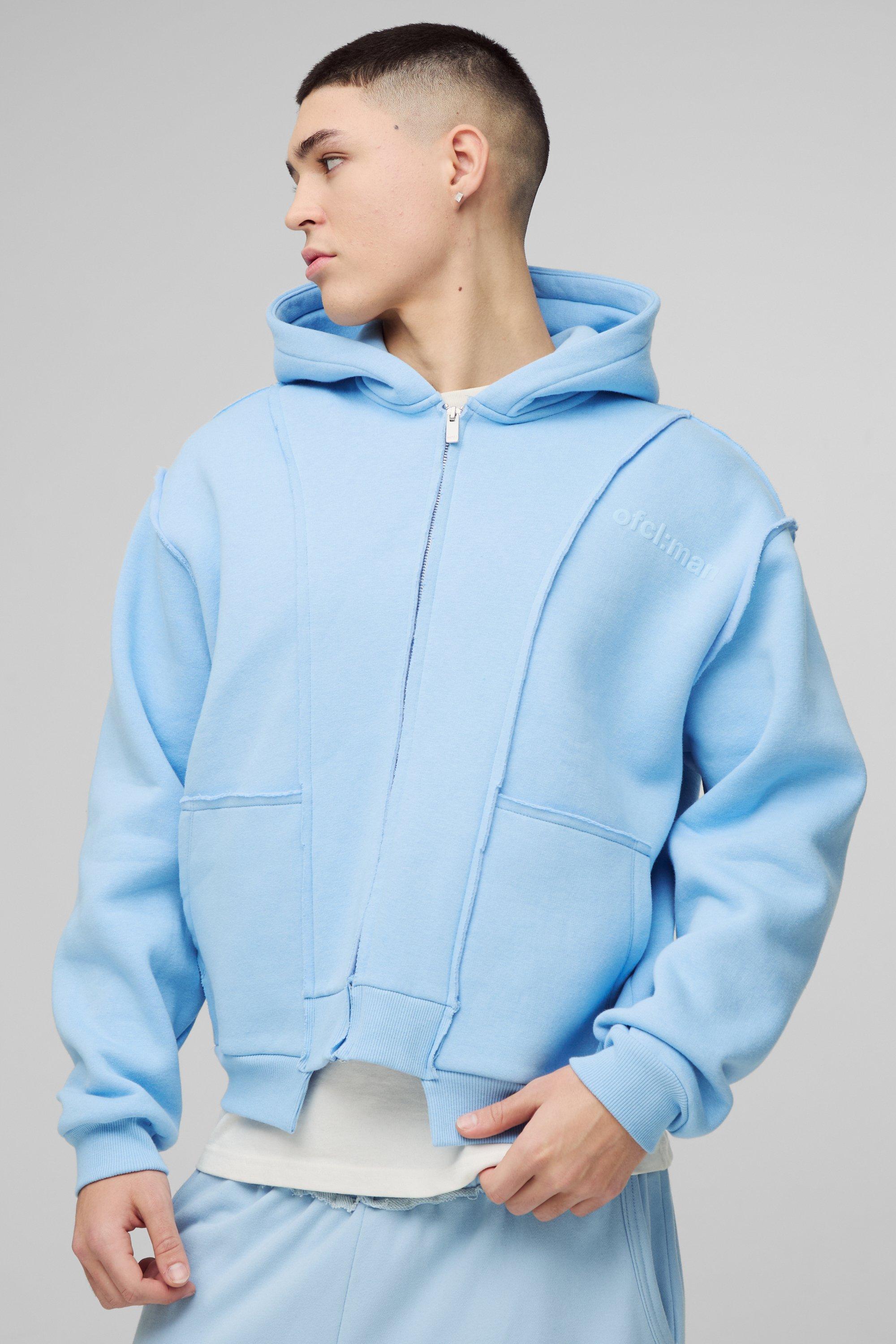 Mens Blue Oversized Boxy Seam Detail Raw Edge Zip Through Hoodie, Blue