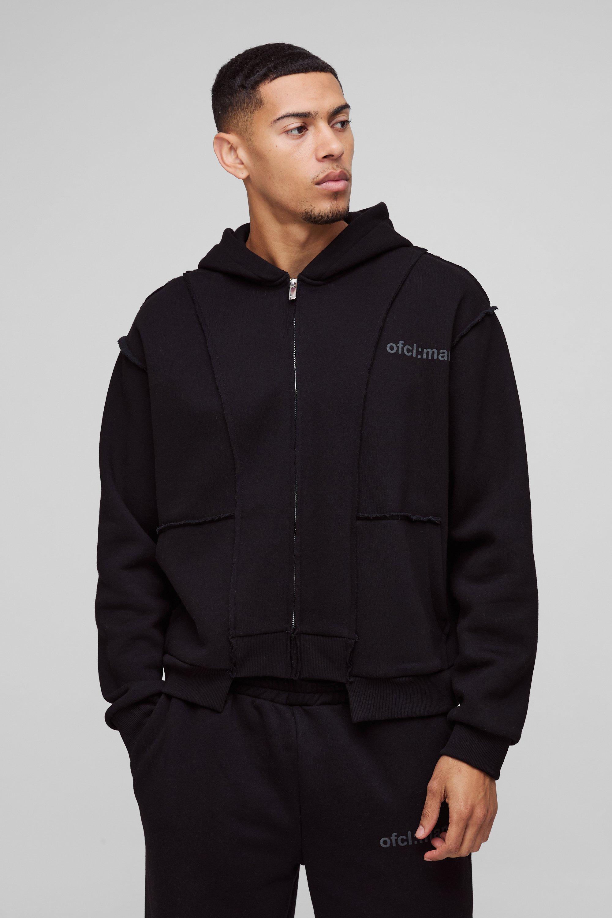 Mens Black Oversized Boxy Seam Detail Raw Edge Zip Through Hoodie, Black