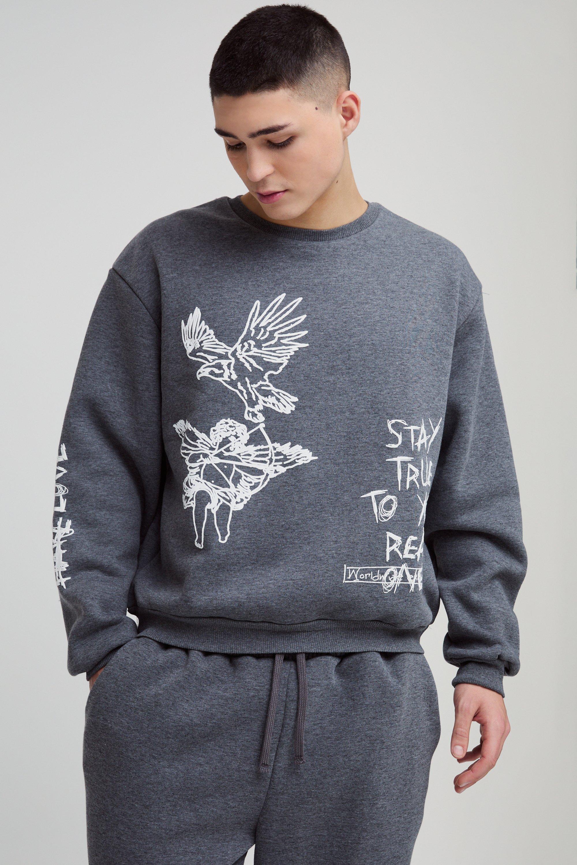 Felpa squadrata oversize con slogan stile Graffiti e cappuccio, Grigio