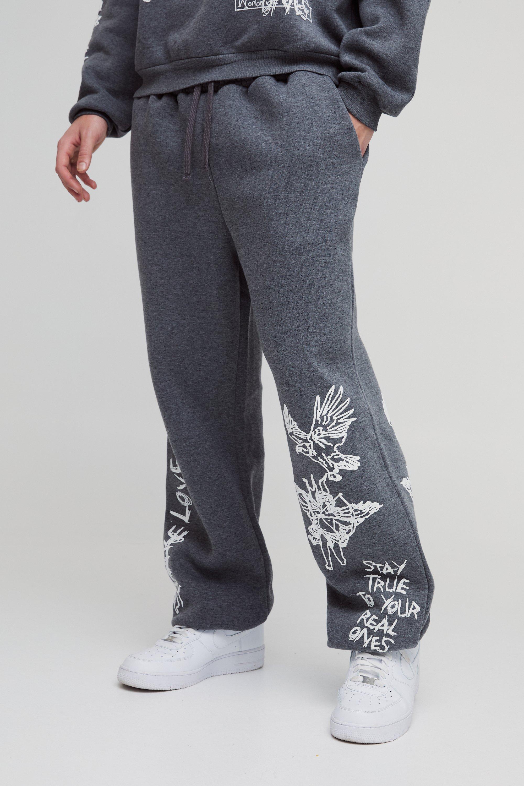 Pantaloni tuta oversize con slogan Graffiti e polsini alle caviglie, Grigio