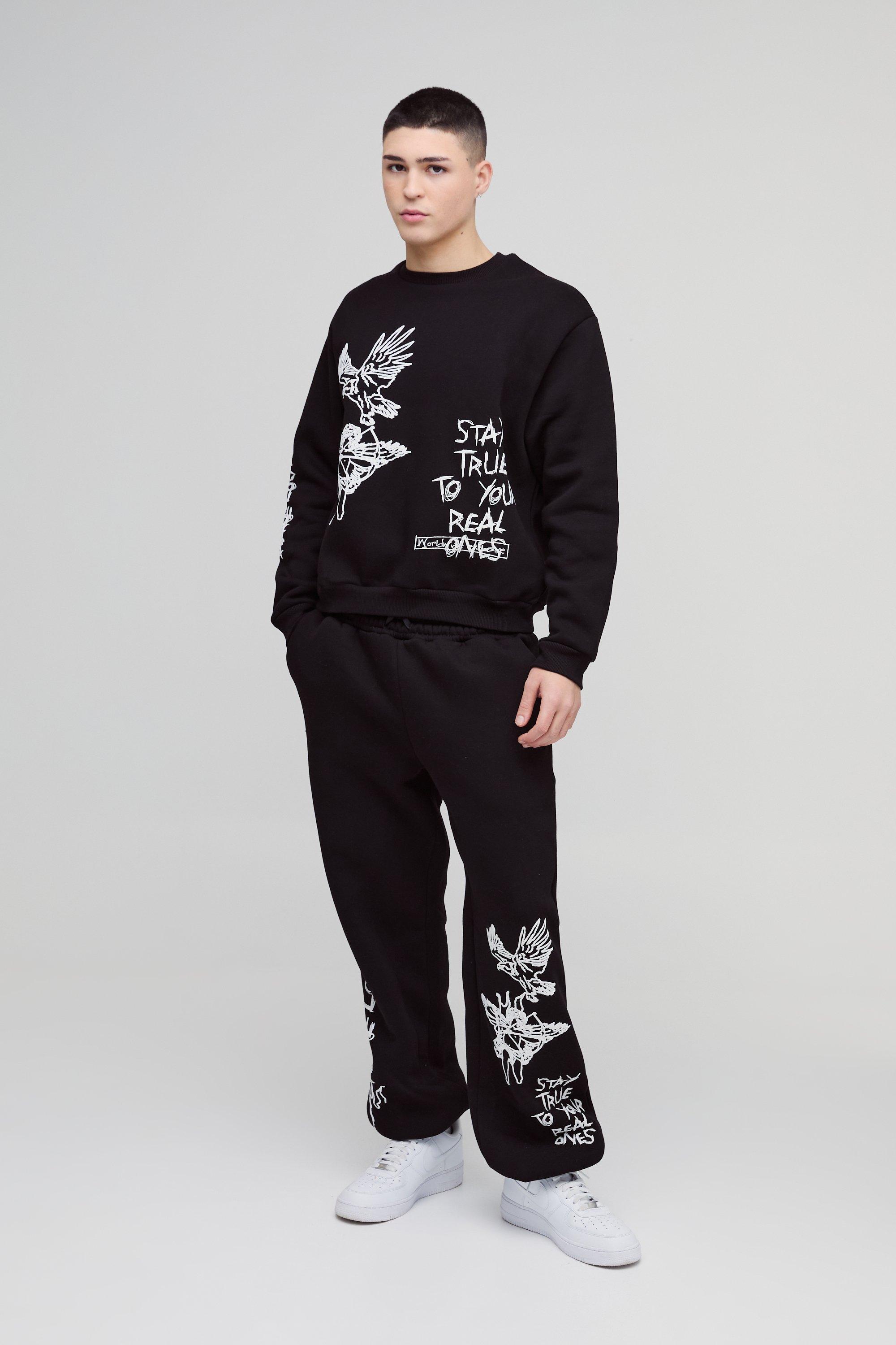 Mens Black Oversized Boxy Graffiti Slogan Sweatshirt Tracksuit, Black