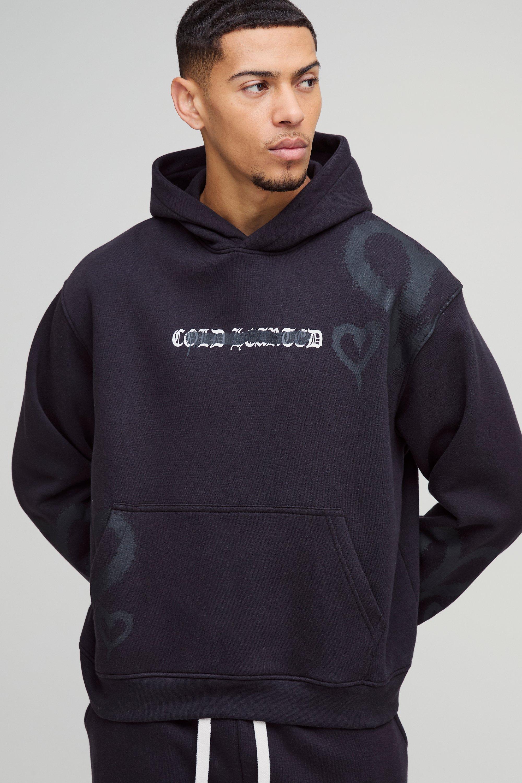 Felpa squadrata oversize con stampa di cuori all over e cappuccio, Nero