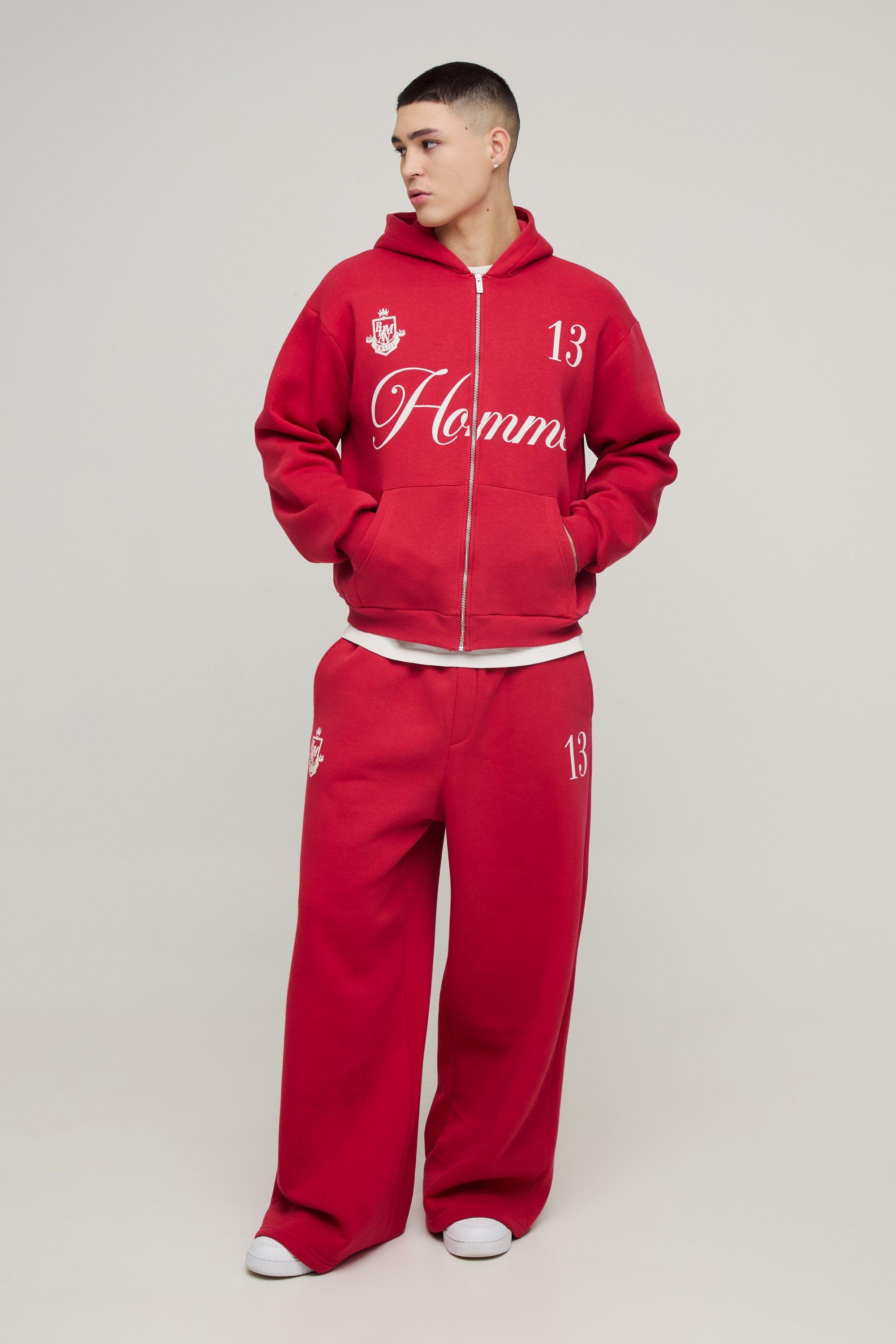 Mens Red Oversized Boxy Homme 13 Zip Through Extreme Wide Leg Tracksuit, Red