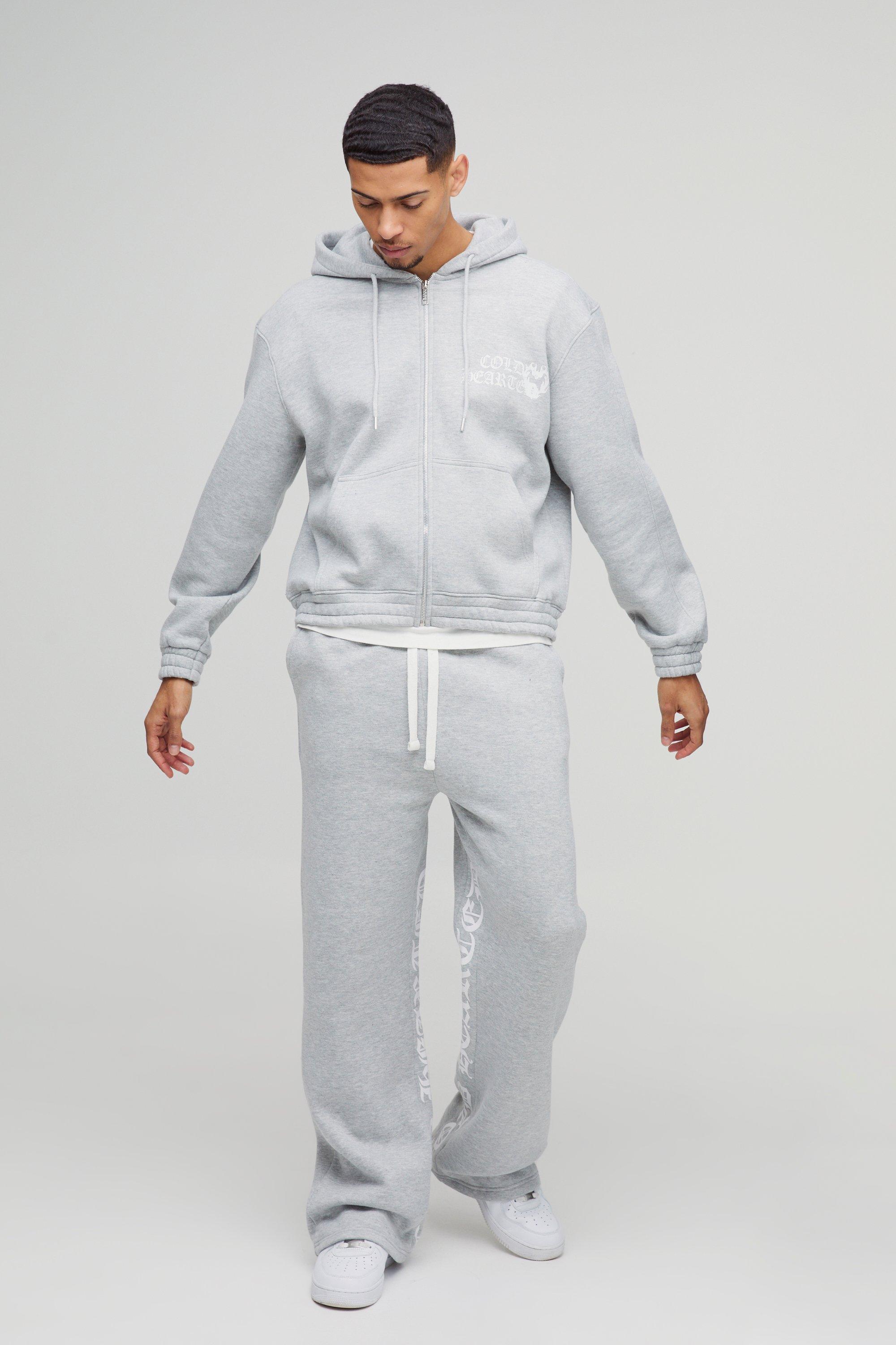 Tuta sportiva squadrata oversize con stampa di cuori, caratteri gotici, zip, inserti e cappuccio, Grigio