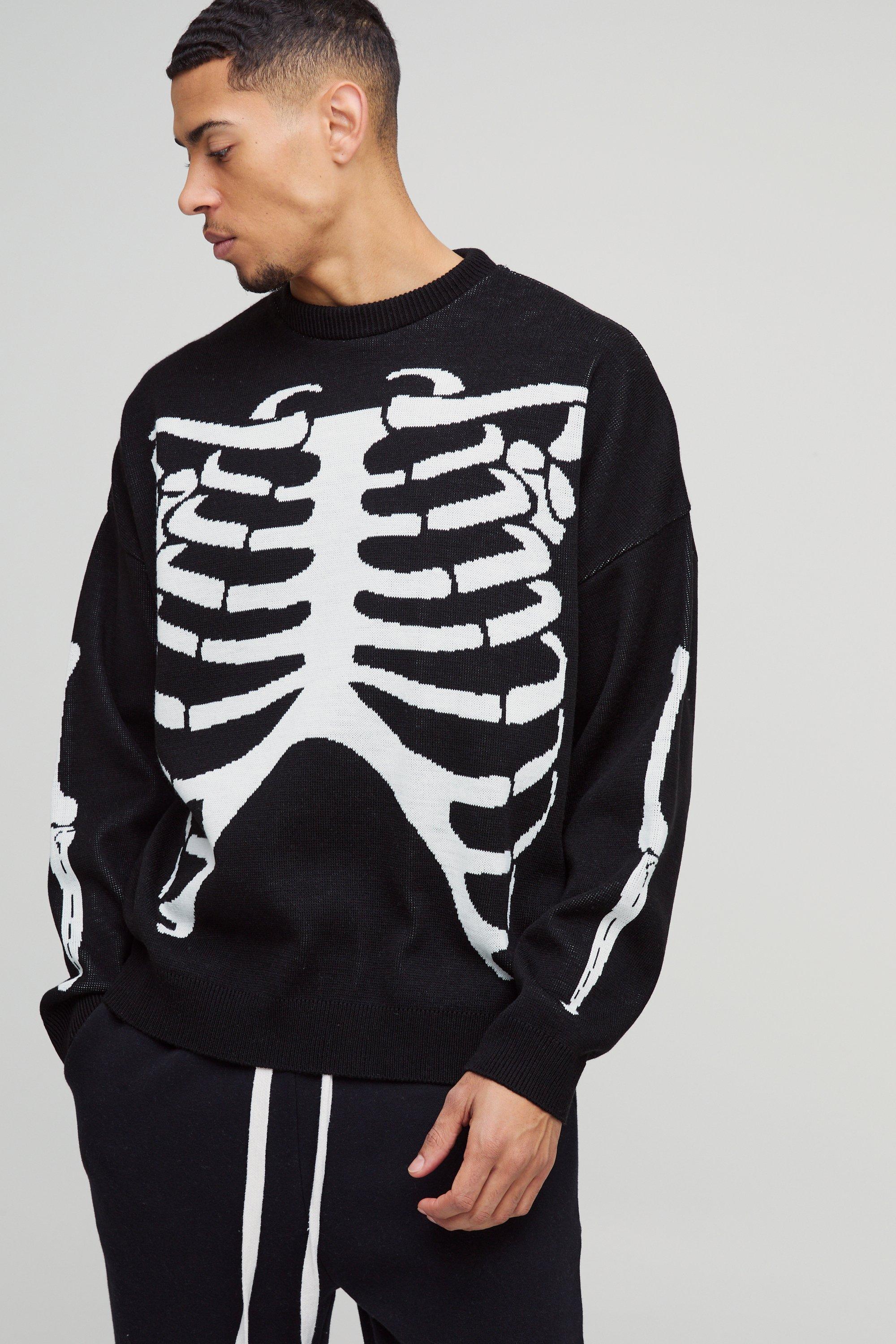 Maglione oversize con stampa di scheletro e spalle scese, Nero