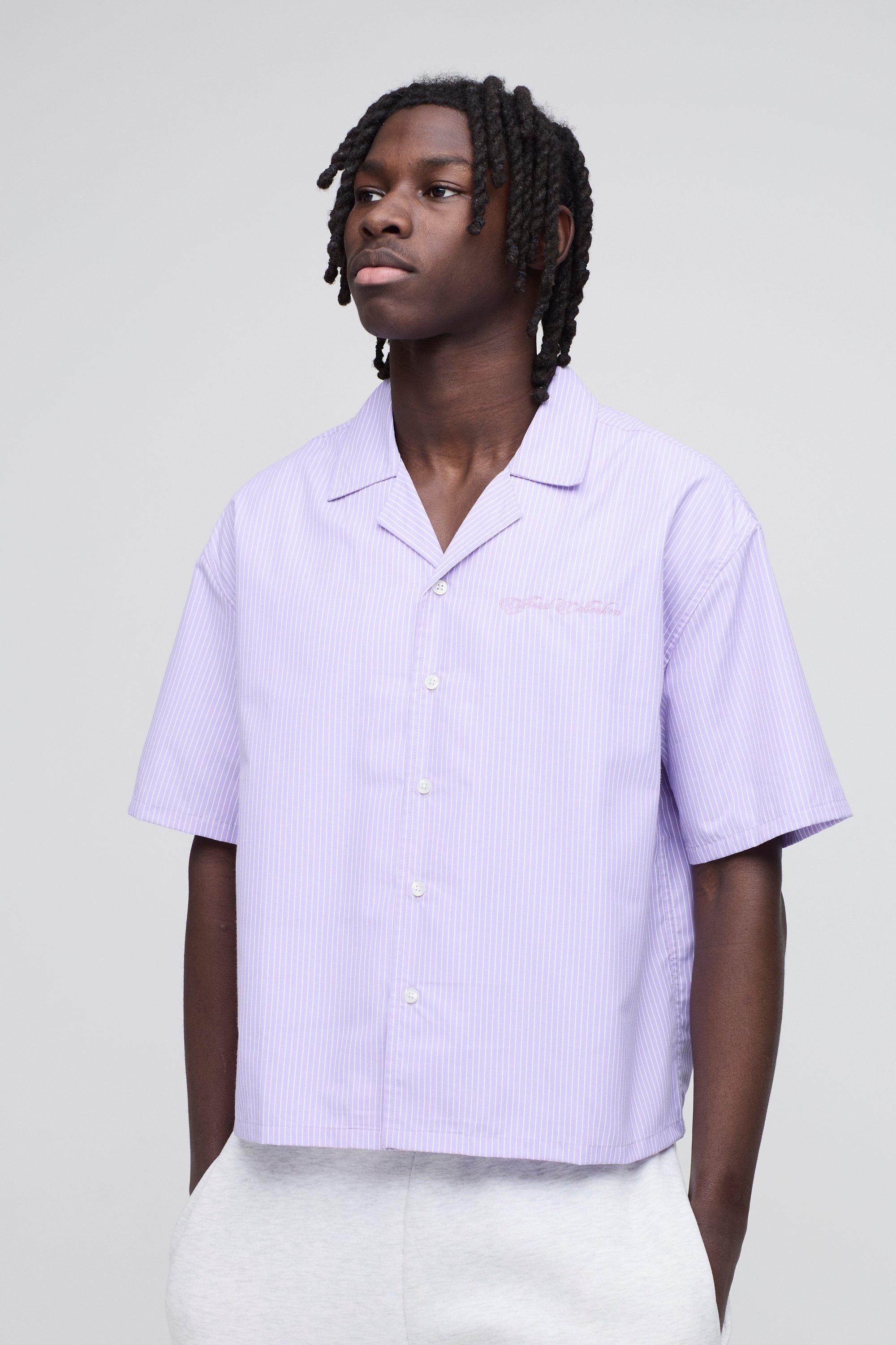 Camicia squadrata oversize a righe con ricami e rever, Purple