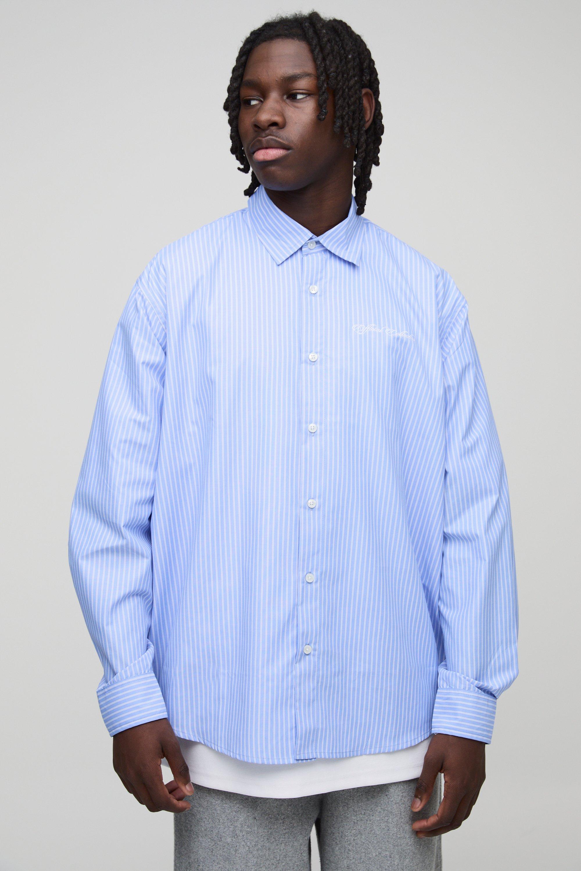 Camicia super oversize a maniche lunghe a righe con ricami, Azzurro