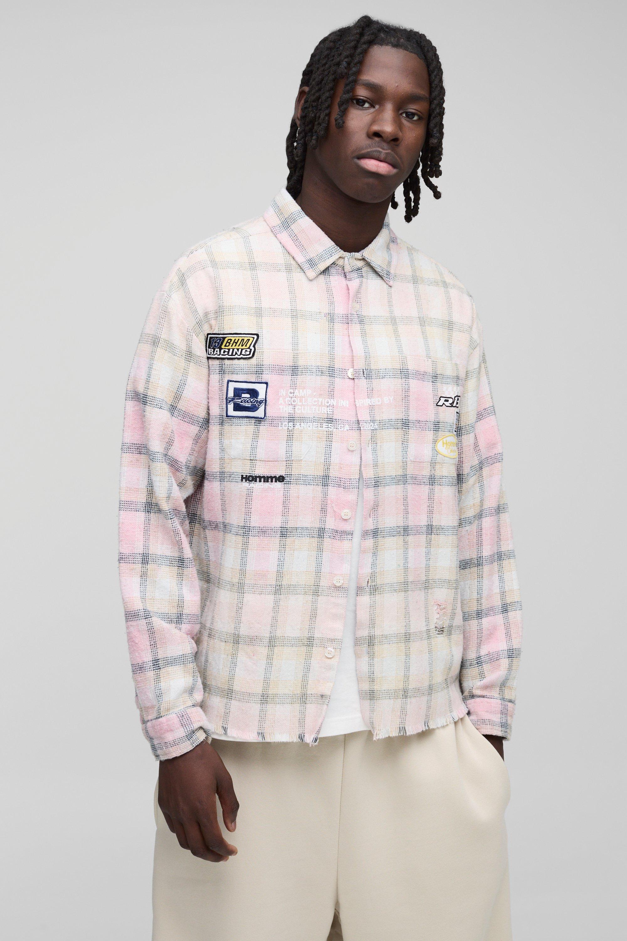 Mens Pink Oversized check Check Badged Collared Shirt, Pink