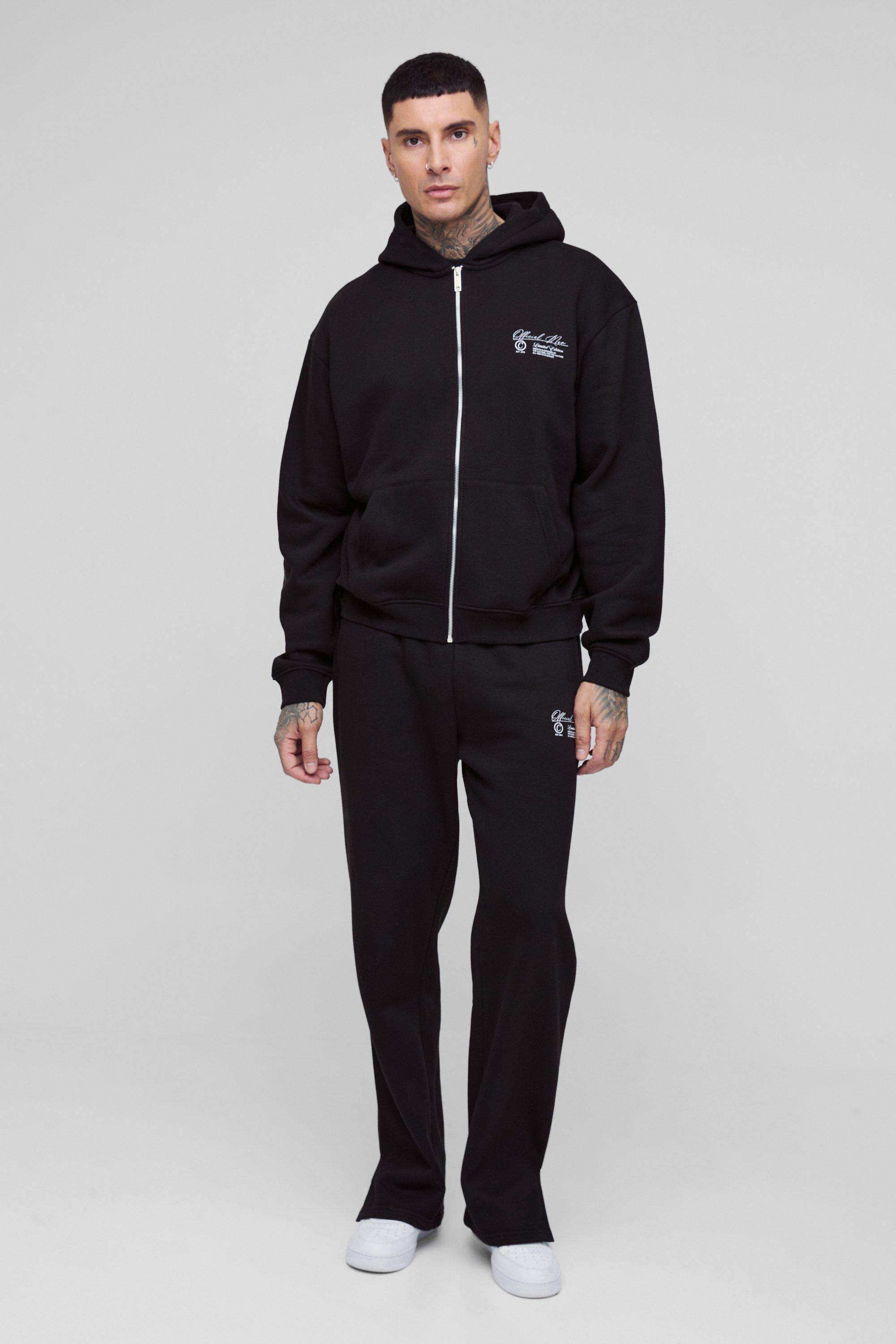 Mens Black Tall Oversized Boxy Official Man Zip Hooded Tracksuit, Black